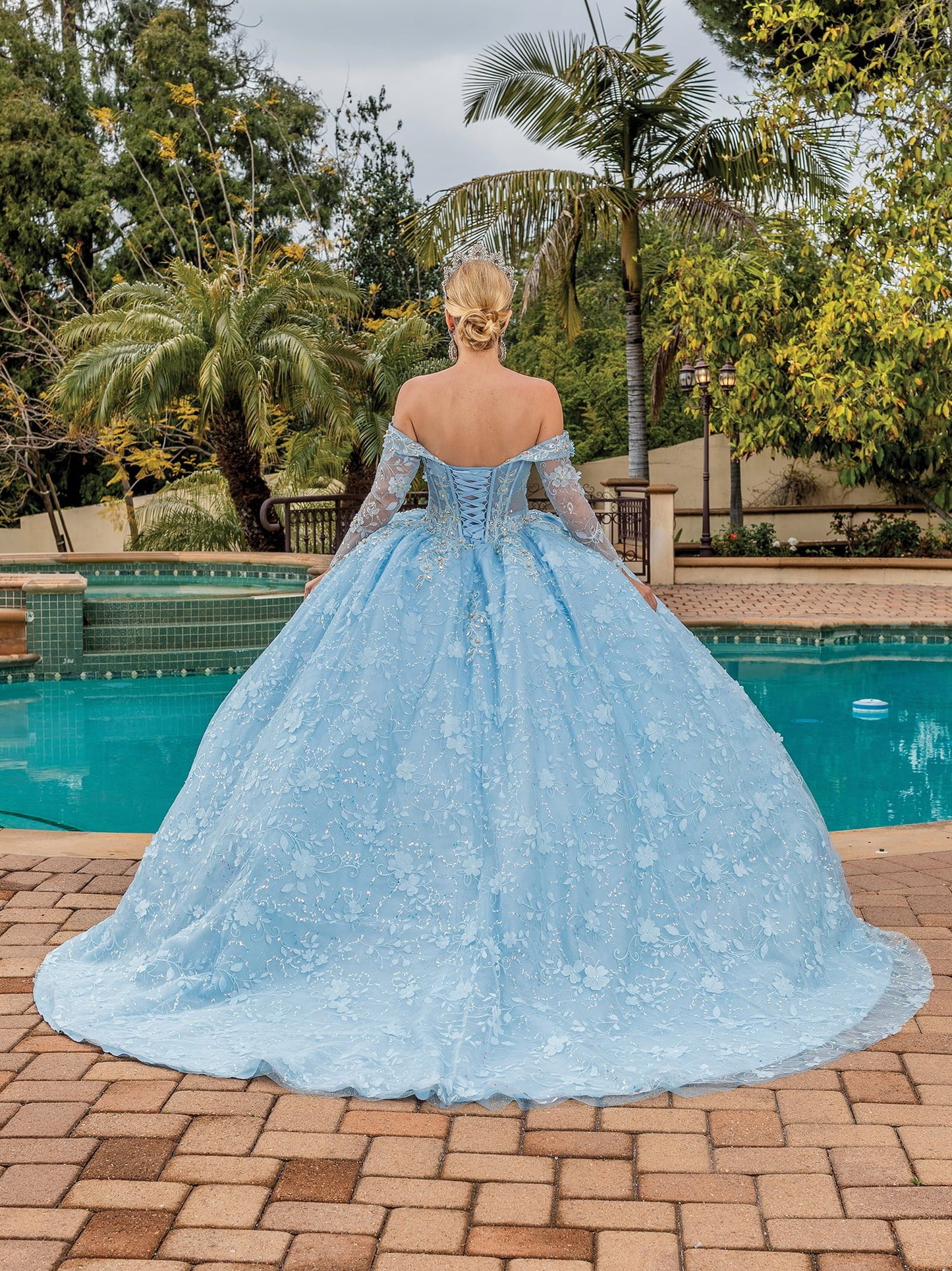 DQ25-1890 OFF-THE-SHOULDER LACE BALLGOWN WITH LONG SLEEVES