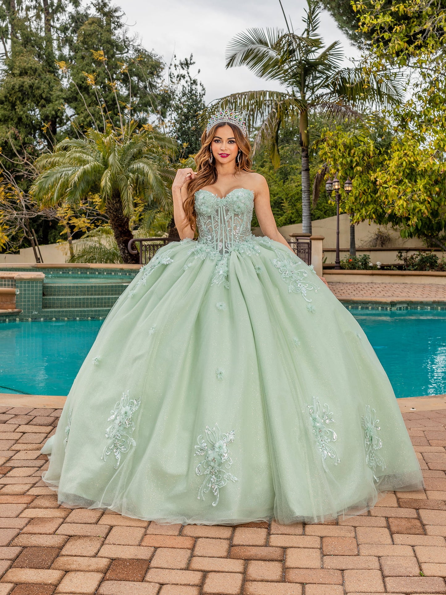 DQ25-1893 STRAPLESS TULLE BALLGOWN WITH BEADED BODICE AND EMBROIDERED APPLIQUES