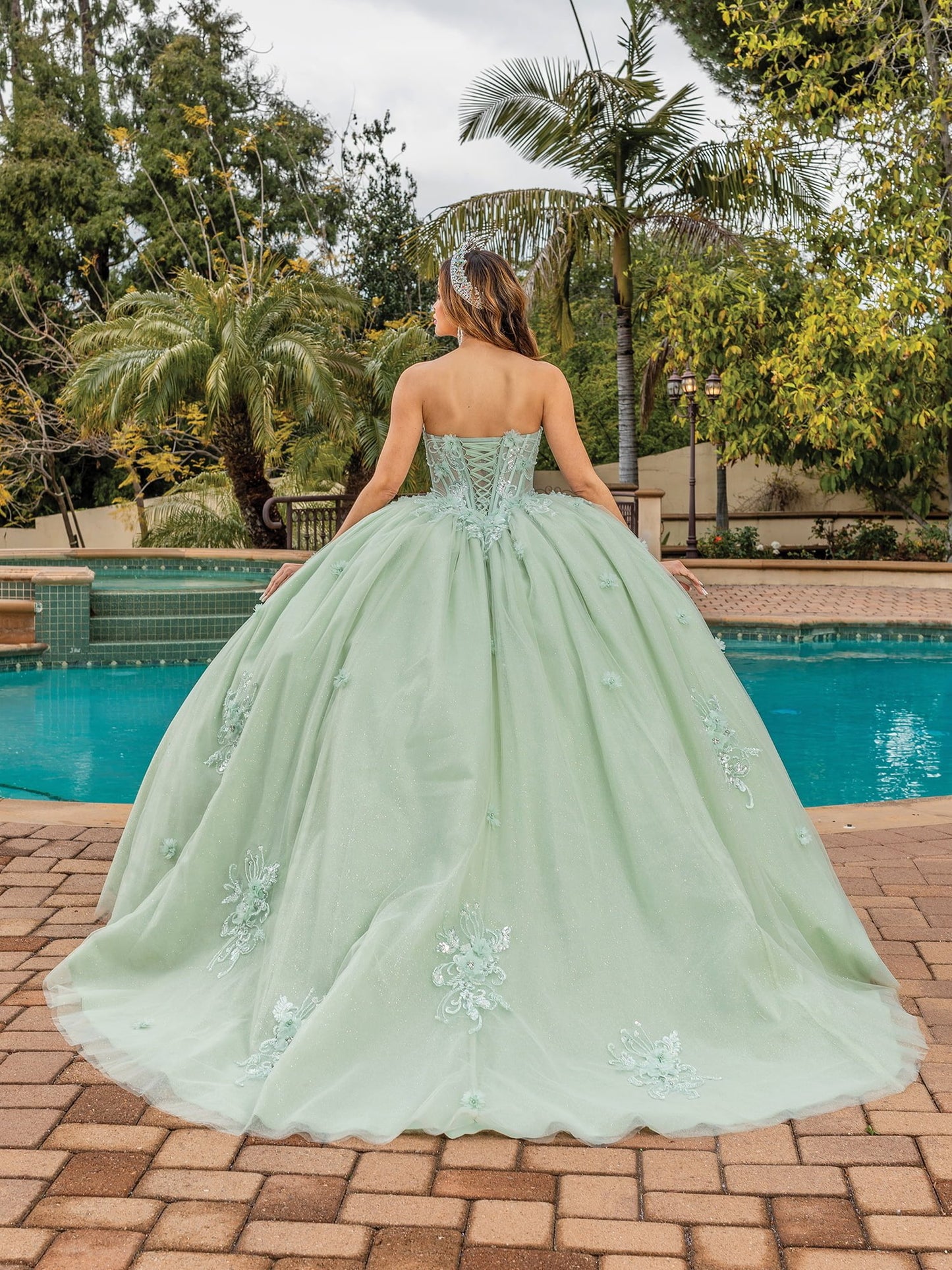DQ25-1893 STRAPLESS TULLE BALLGOWN WITH BEADED BODICE AND EMBROIDERED APPLIQUES