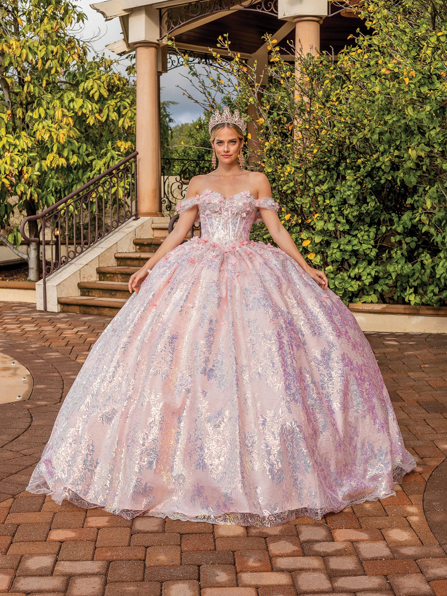 DQ25-1895 OFF-THE-SHOULDER SHIMMER TULLE BALLGOWN WITH BEADED LACE APPLIQUES