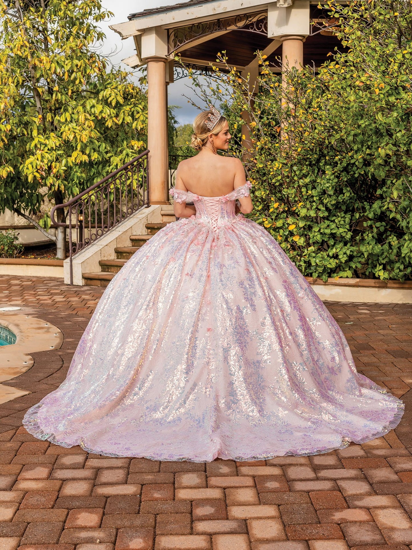 DQ25-1895 OFF-THE-SHOULDER SHIMMER TULLE BALLGOWN WITH BEADED LACE APPLIQUES