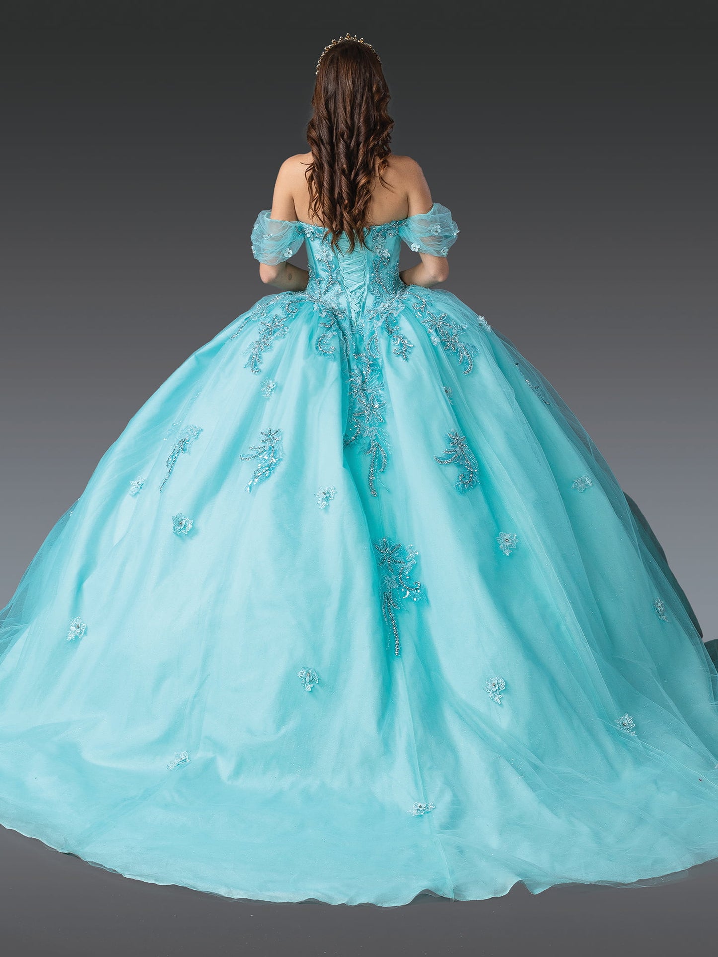 DQ25-1903 EMBELLISHED BODICE QUINCEANERA GOWN WITH SHEER OFF-THE-SHOULDER SLEEVES