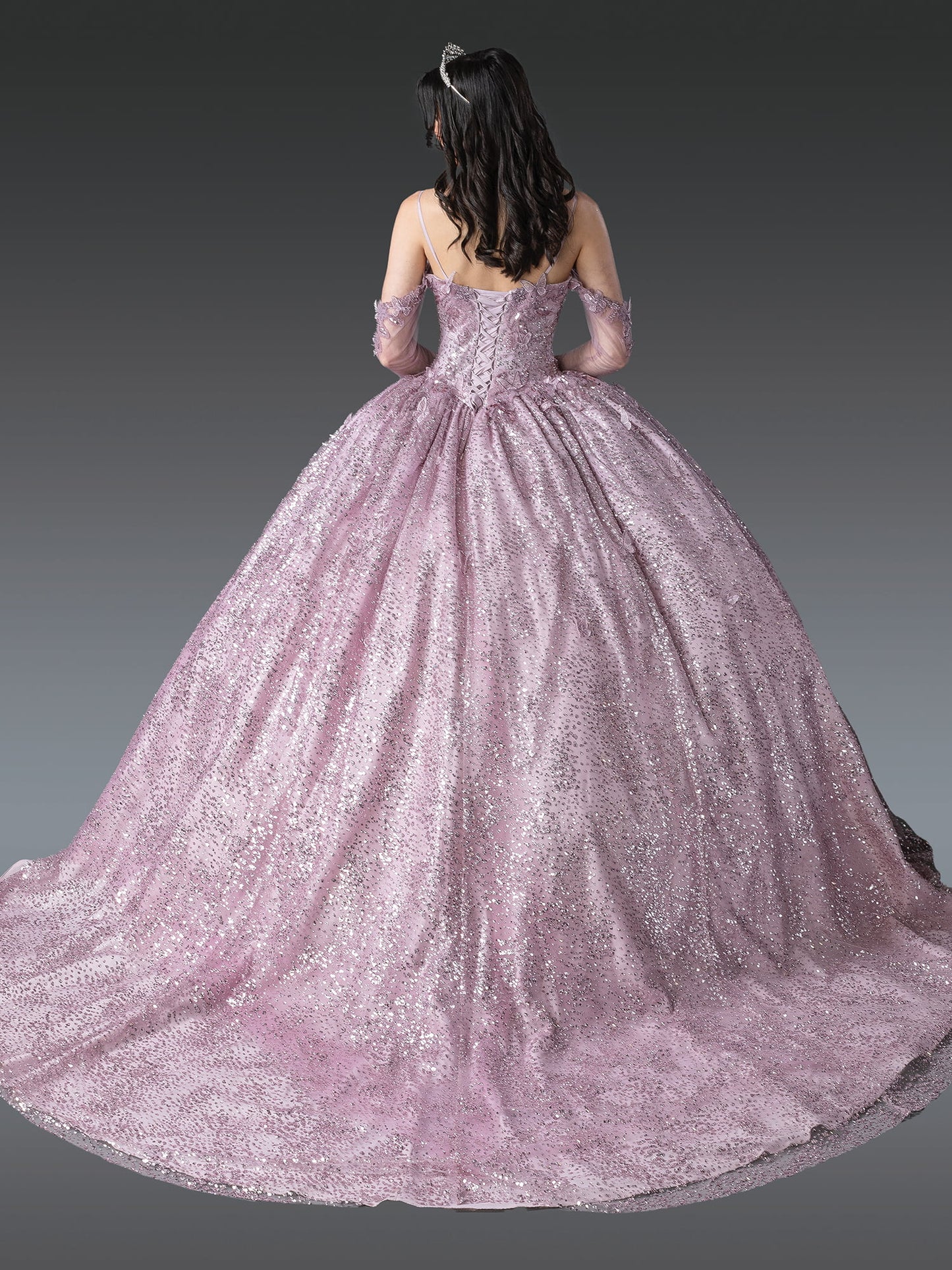 DQ25-1904 ELEGANT SEQUINED QUINCEANERA GOWN WITH INTRICATE LACE BODICE