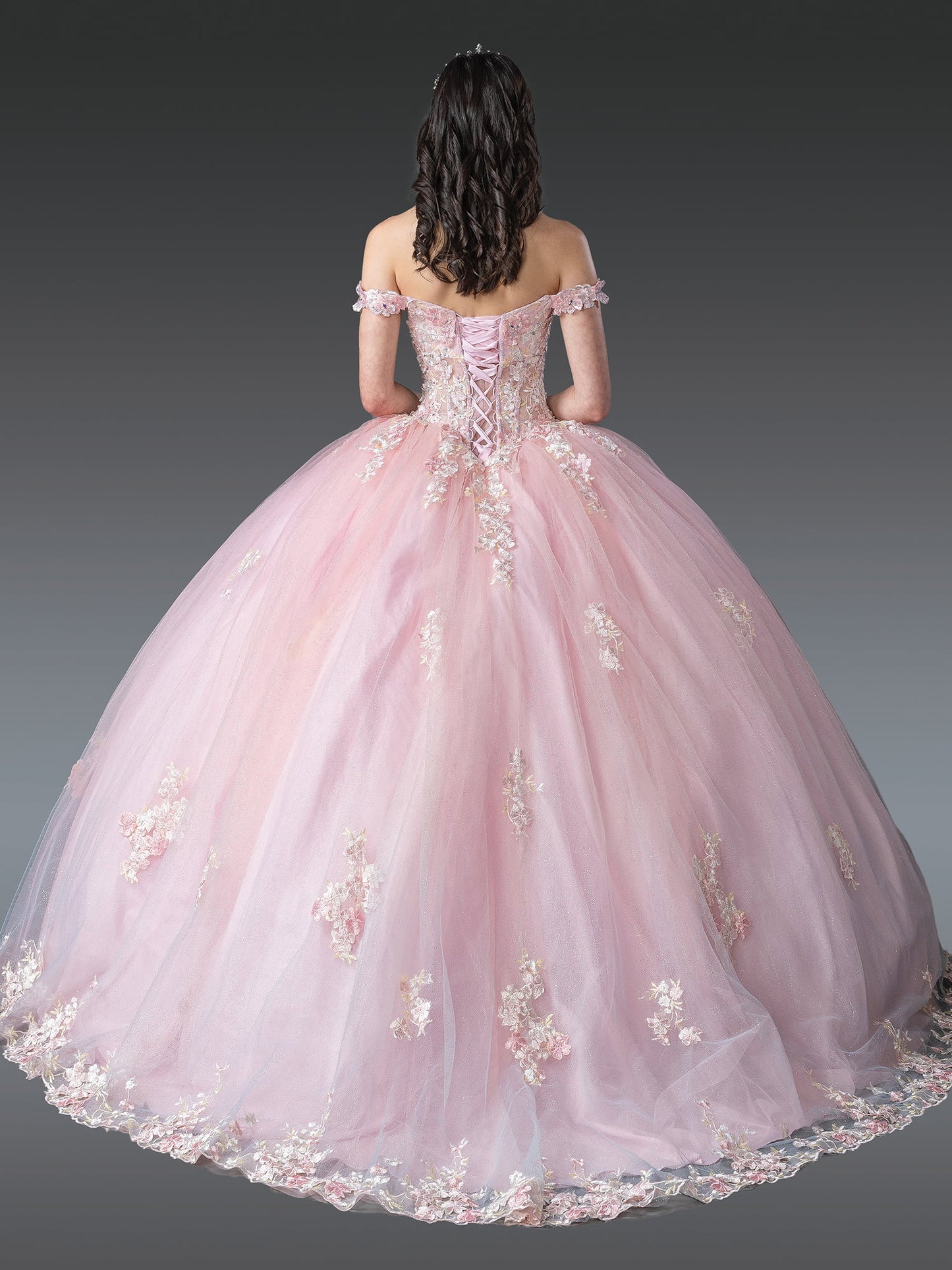DQ25-1906 ENCHANTED FLORAL EMBELLISHED QUINCEAÑERA GOWN WITH OFF-SHOULDER DESIGN