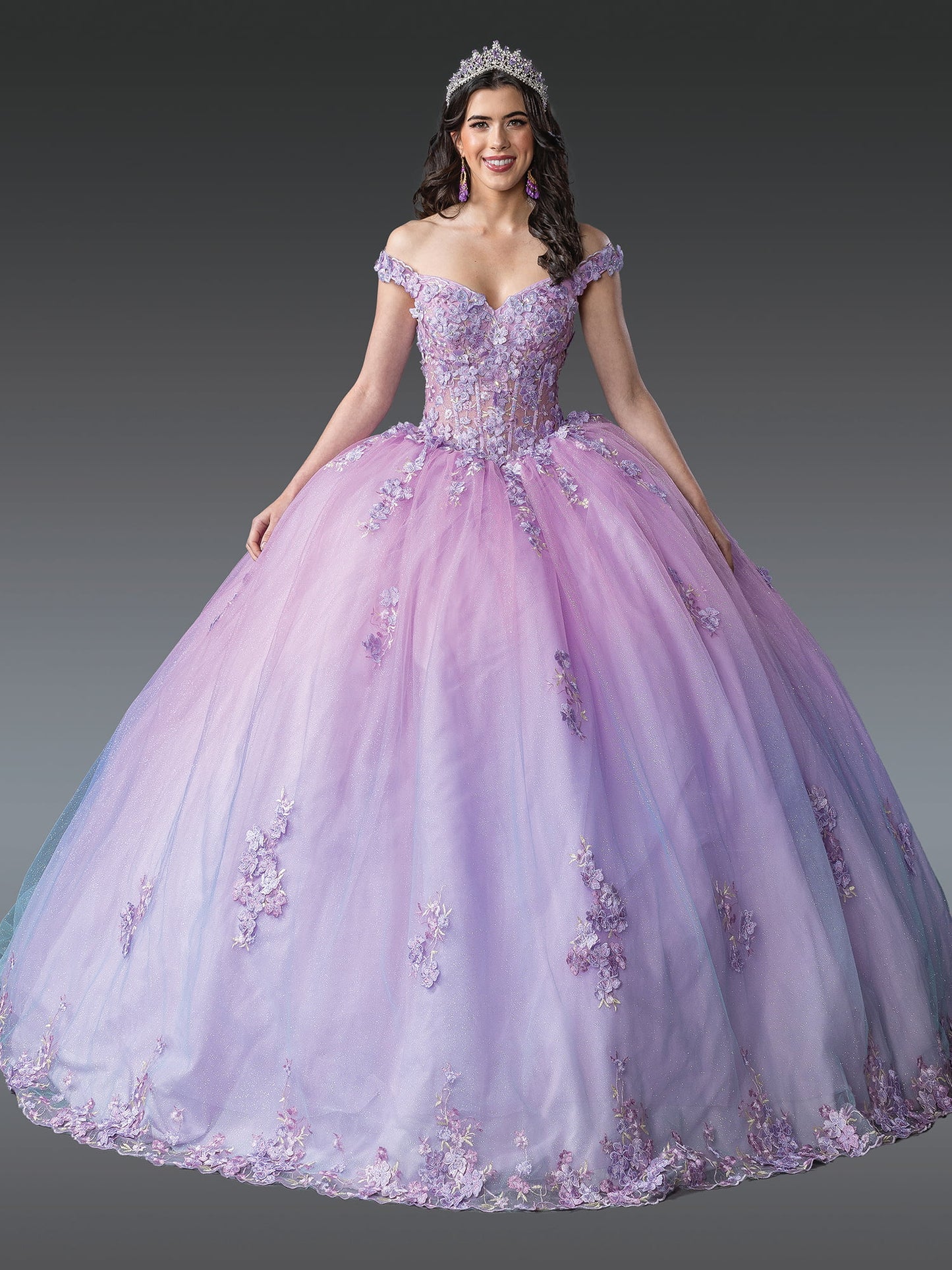DQ25-1906 ENCHANTED FLORAL EMBELLISHED QUINCEAÑERA GOWN WITH OFF-SHOULDER DESIGN