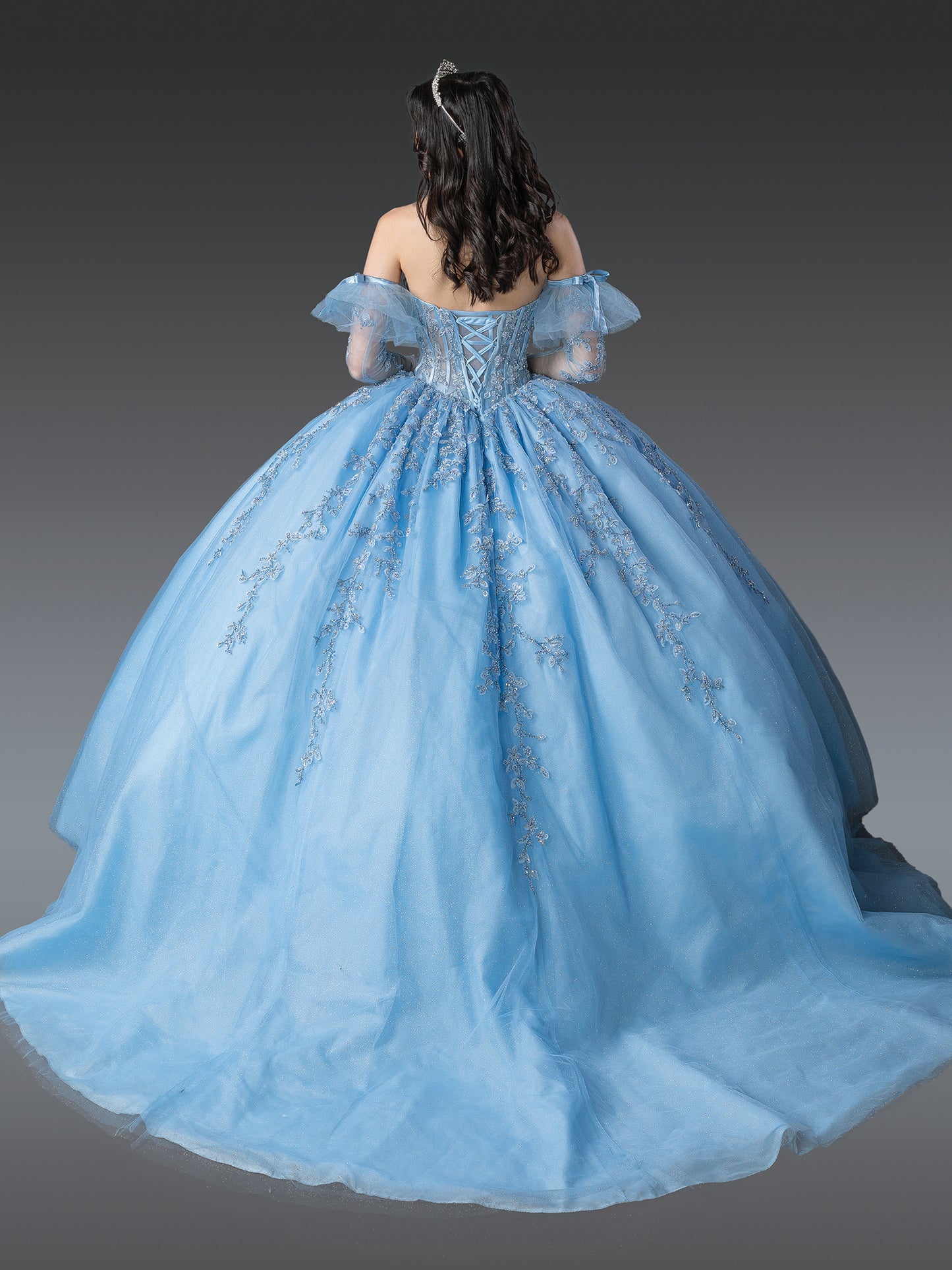 DQ25-1910 OFF-THE-SHOULDER QUINCEANERA DRESS WITH SHEER SLEEVES