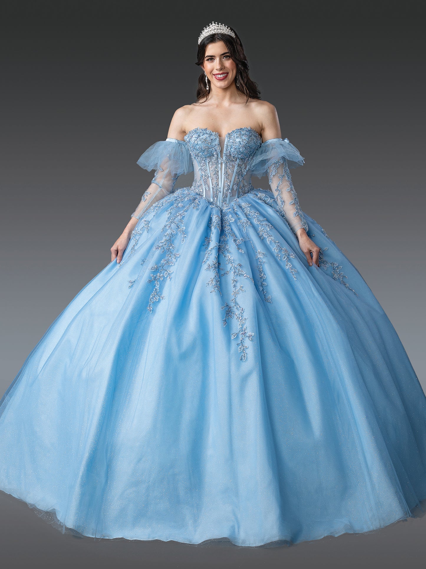 DQ25-1910 OFF-THE-SHOULDER QUINCEANERA DRESS WITH SHEER SLEEVES