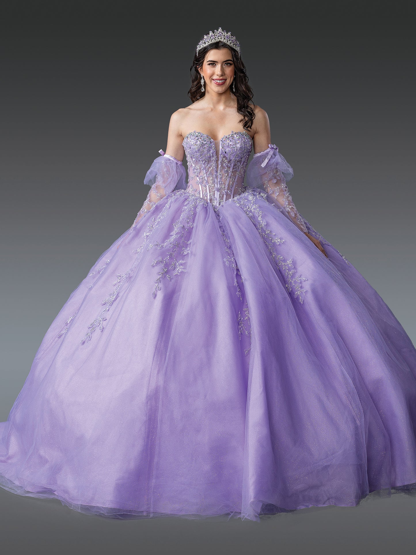 DQ25-1910 OFF-THE-SHOULDER QUINCEANERA DRESS WITH SHEER SLEEVES