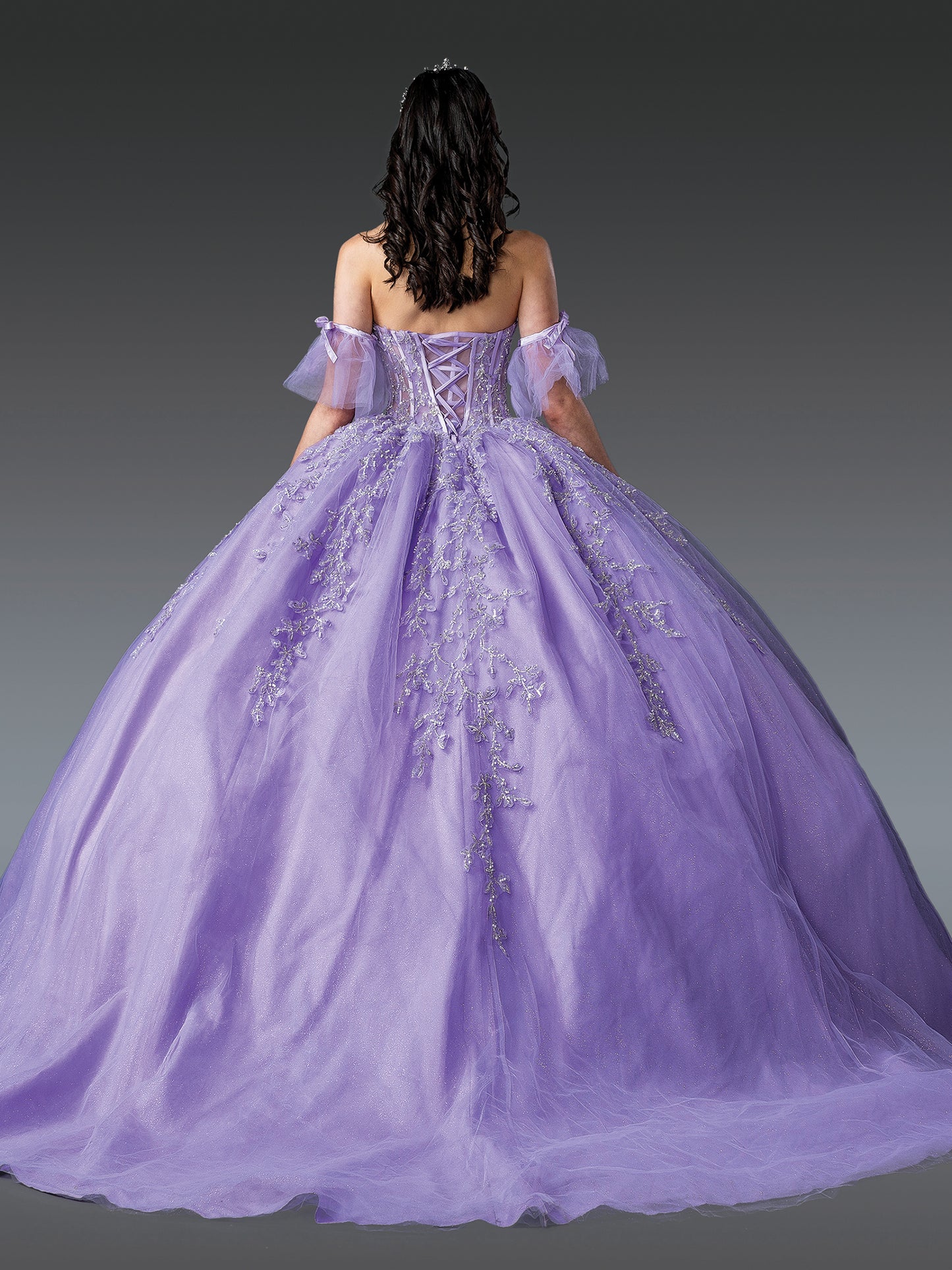 DQ25-1910 OFF-THE-SHOULDER QUINCEANERA DRESS WITH SHEER SLEEVES