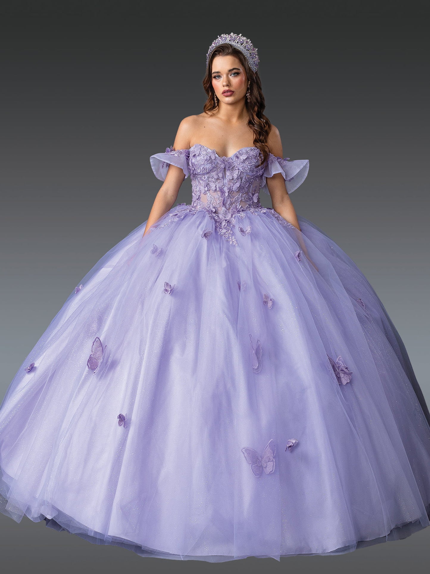 DQ25-1911 OFF-SHOULDER GOWN WITH EMBROIDERED BODICE BUTTERFLY APPLIQUES