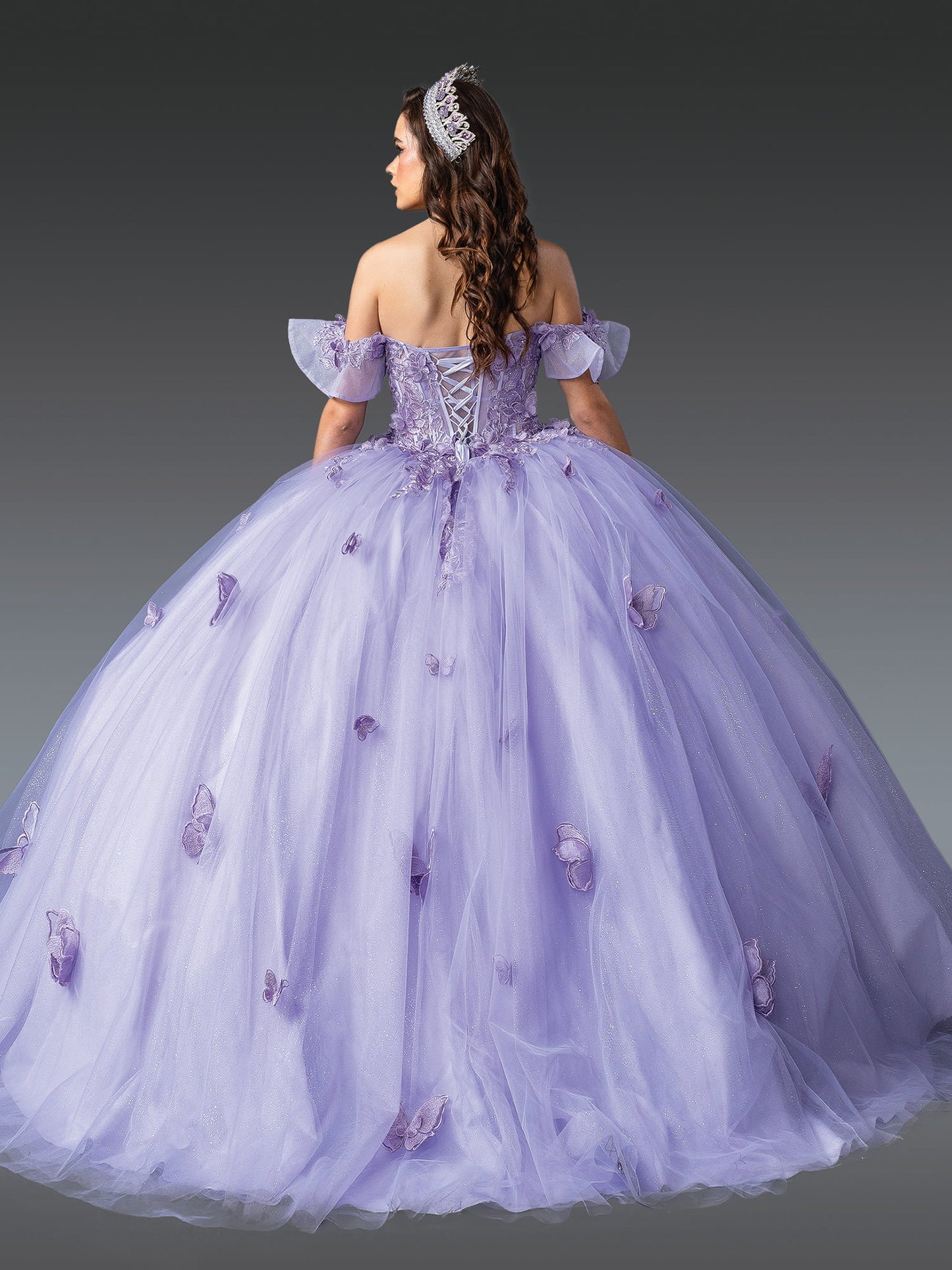 DQ25-1911 OFF-SHOULDER GOWN WITH EMBROIDERED BODICE BUTTERFLY APPLIQUES