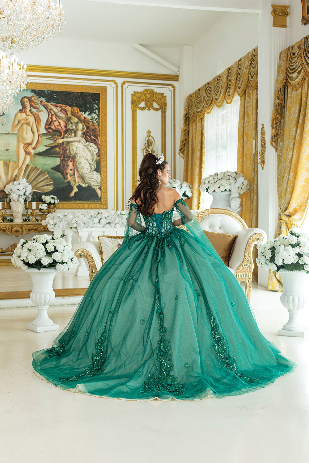 DQ25-1912 OFF-THE-SHOULDER QUINCEANERA DRESS WITH INTRICATE EMBROIDERY AND BEADED BODICE