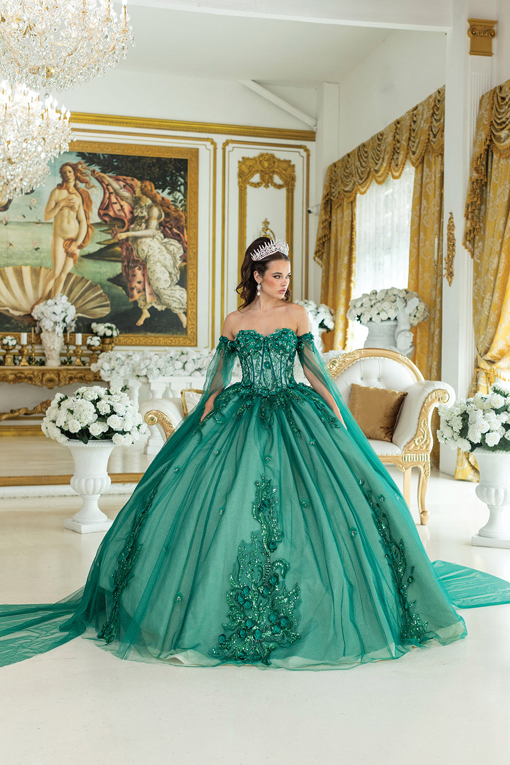 DQ25-1912 OFF-THE-SHOULDER QUINCEANERA DRESS WITH INTRICATE EMBROIDERY AND BEADED BODICE