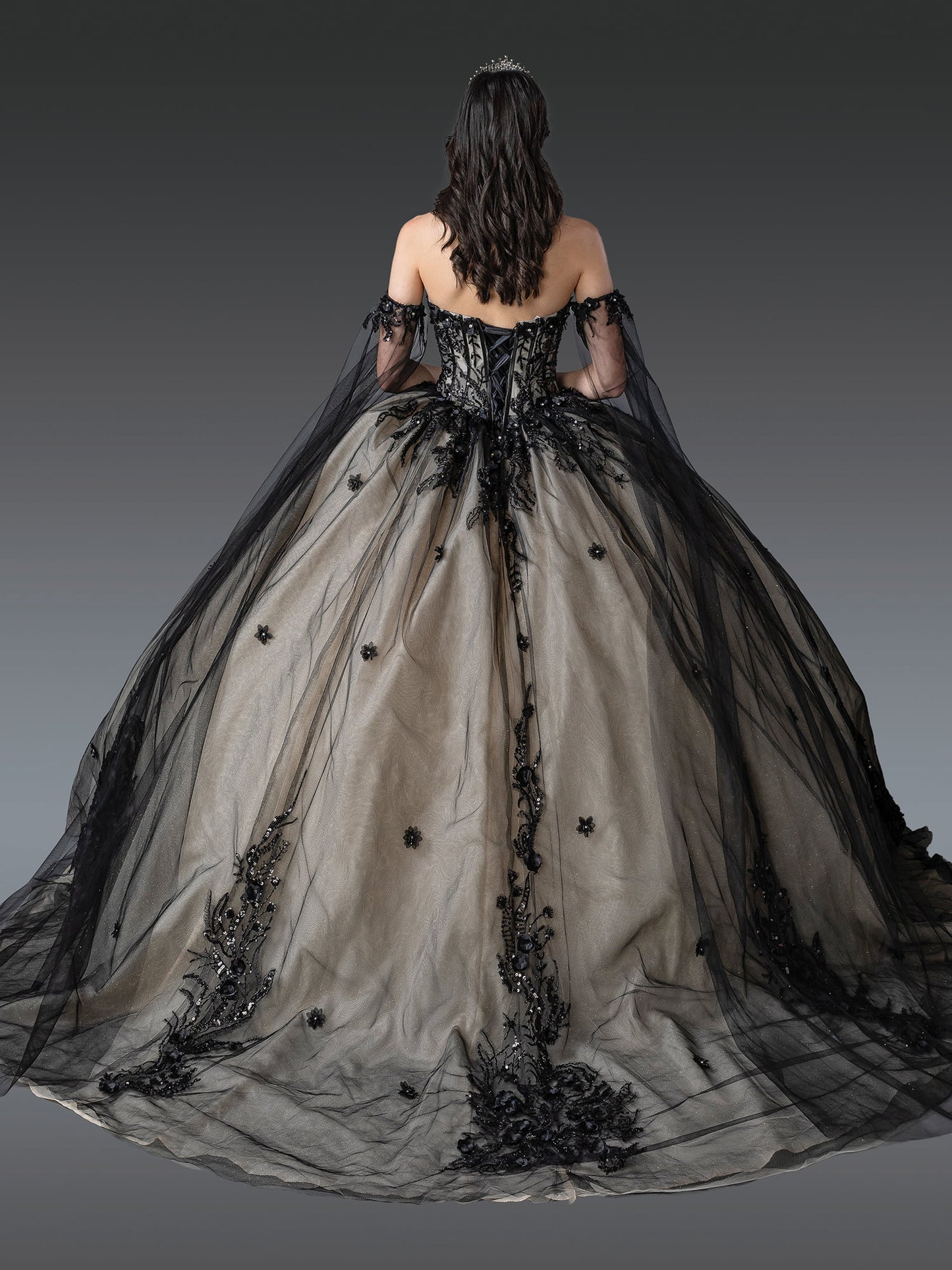 DQ25-1912 OFF-THE-SHOULDER QUINCEANERA DRESS WITH INTRICATE EMBROIDERY AND BEADED BODICE
