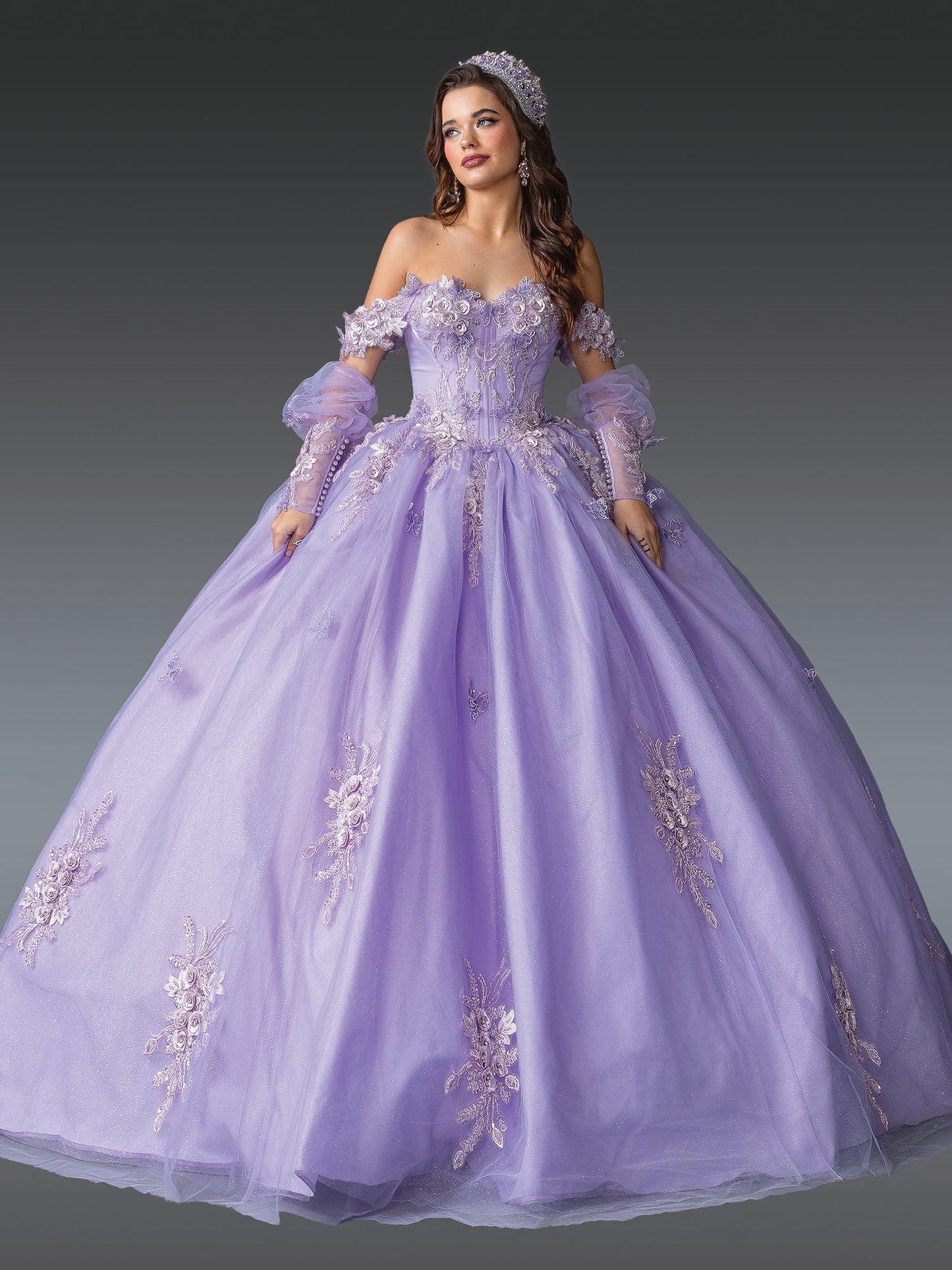DQ25-1914 OFF-SHOULDER QUINCEAÑERA GOWN WITH INTRICATE FLORAL APPLIQUES