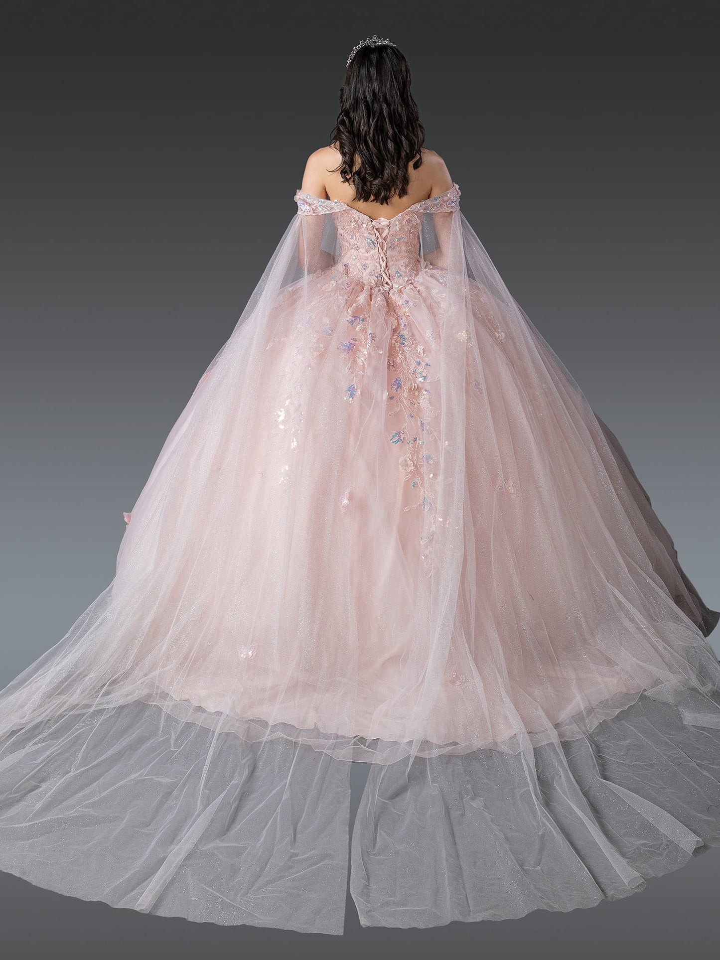DQ25-1919 REGAL OFF-SHOULDER BALL GOWN QUINCEANERA DRESS WITH FLORAL EMBELLISHMENTS