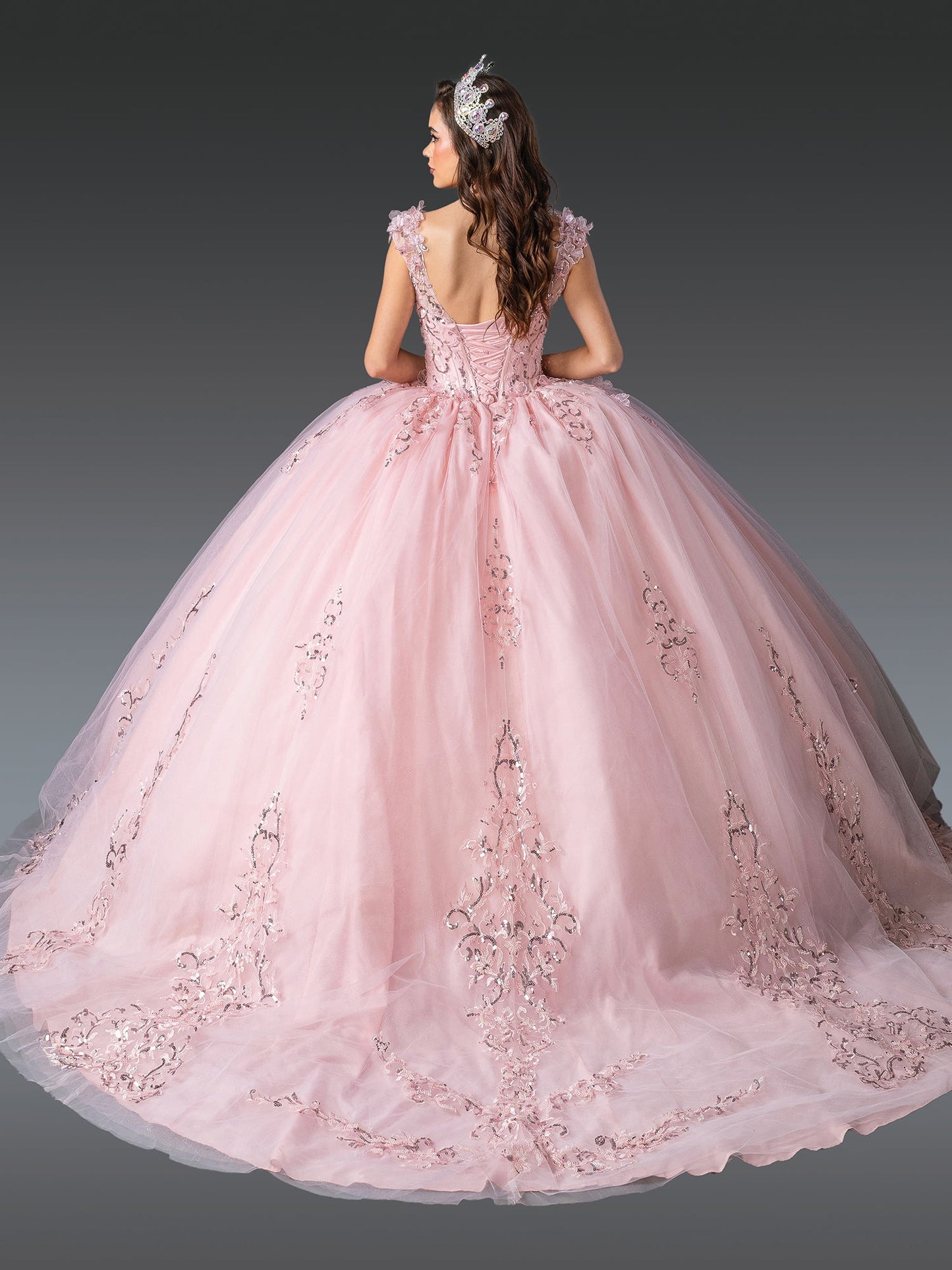 DQ25-1925 V-NECK BALL GOWN QUINCEAÑERA DRESS WITH EMBROIDERED LACE APPLIQUES