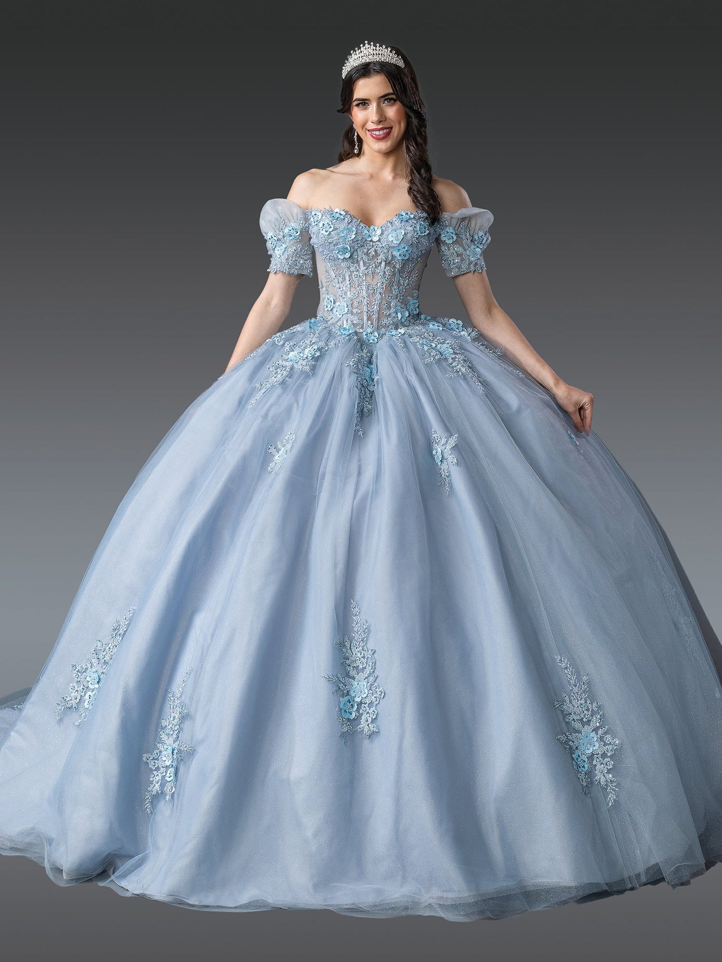 DQ25-1932 OFF-SHOULDER BALL GOWN QUINCEANERA DRESS WITH FLORAL APPLIQUES