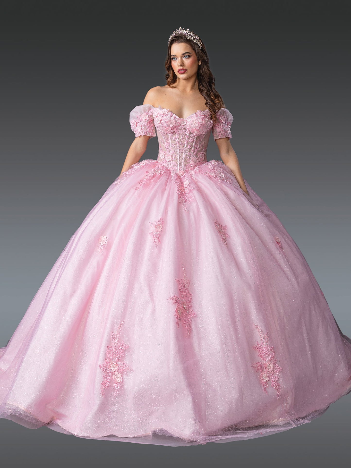 DQ25-1932 OFF-SHOULDER BALL GOWN QUINCEANERA DRESS WITH FLORAL APPLIQUES