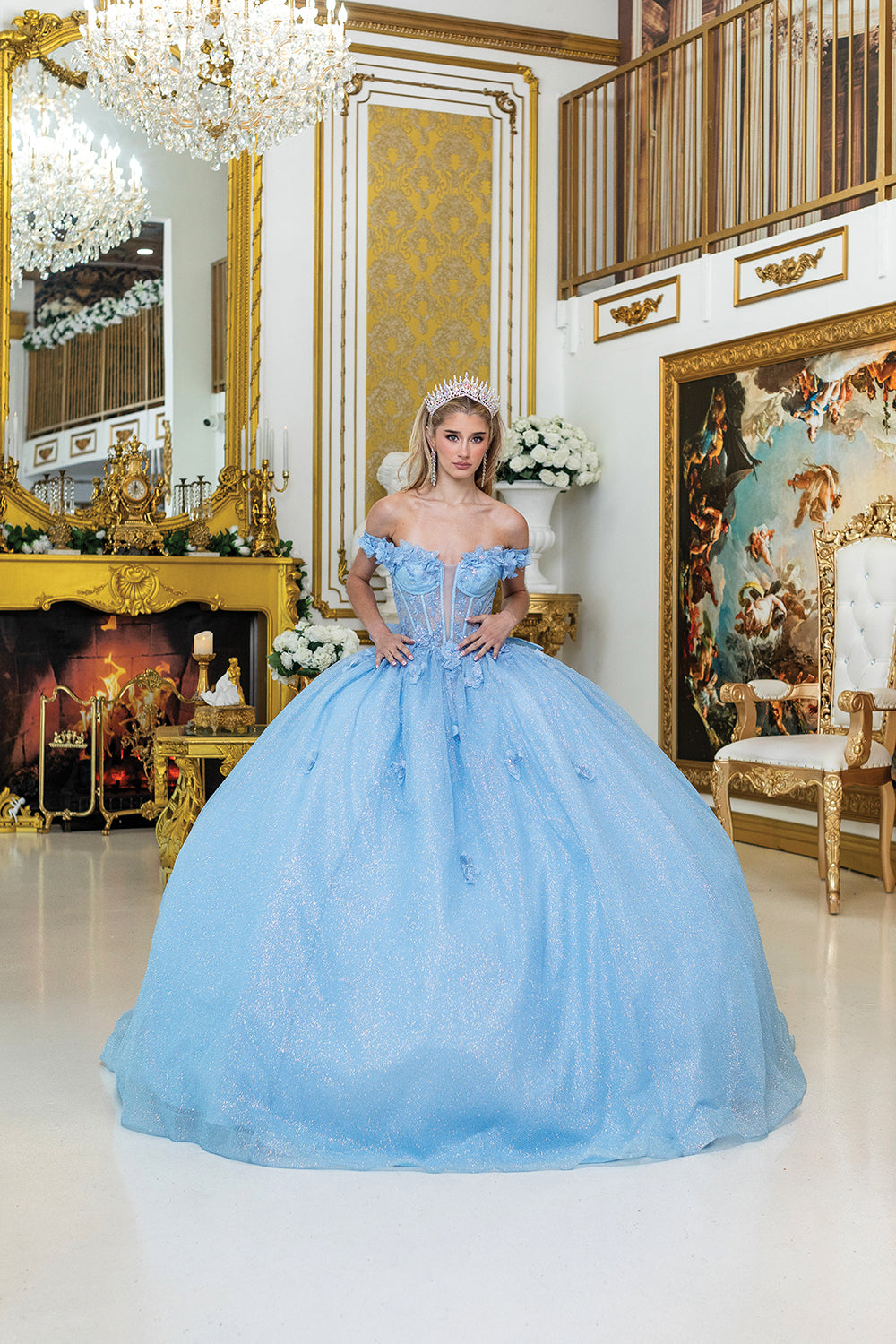 DQ25-1933 OFF-THE-SHOULDER QUINCEANERA DRESS WITH SHEER CORSET BODICE