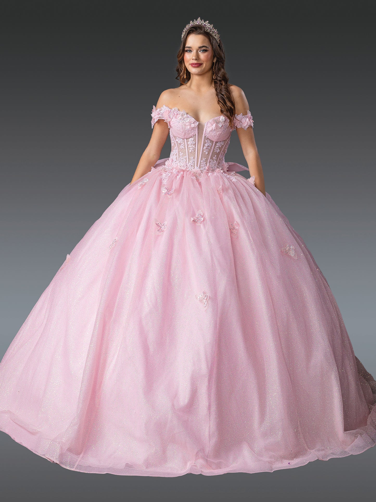 DQ25-1933 OFF-THE-SHOULDER QUINCEANERA DRESS WITH SHEER CORSET BODICE