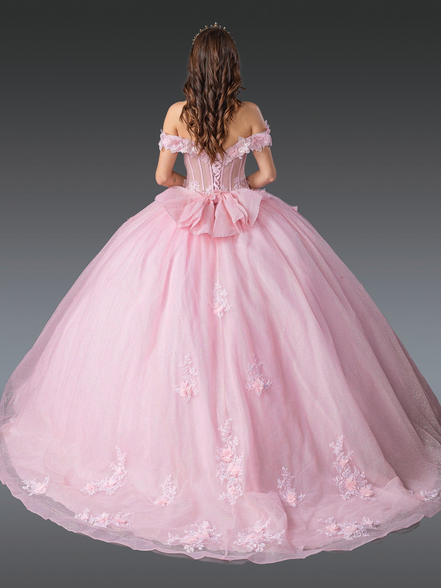 DQ25-1933 OFF-THE-SHOULDER QUINCEANERA DRESS WITH SHEER CORSET BODICE