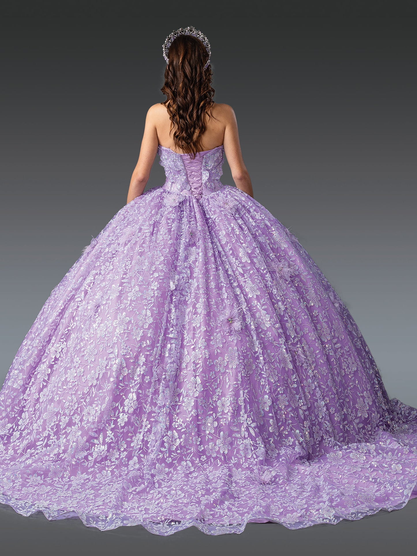 DQ25-1940 QUINCEANERA DRESS WITH FULL LACE OVERLAY AND CRYSTAL EMBELLISHMENTS