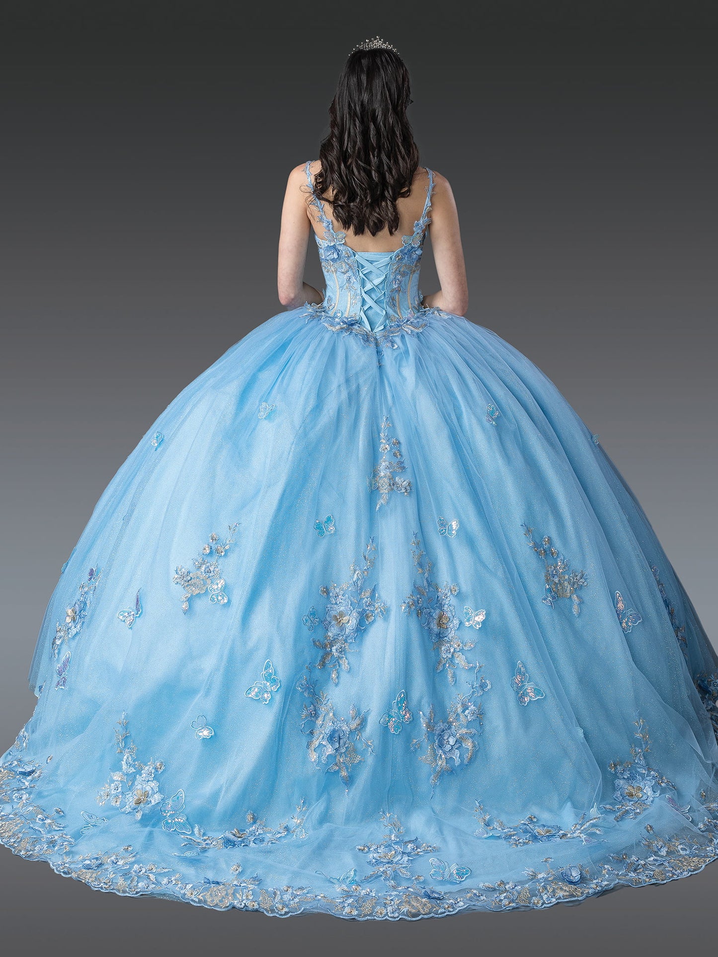 DQ25-1942 QUINCEANERA DRESS WITH FLORAL APPLIQUES, SHEER PUFFED SLEEVES