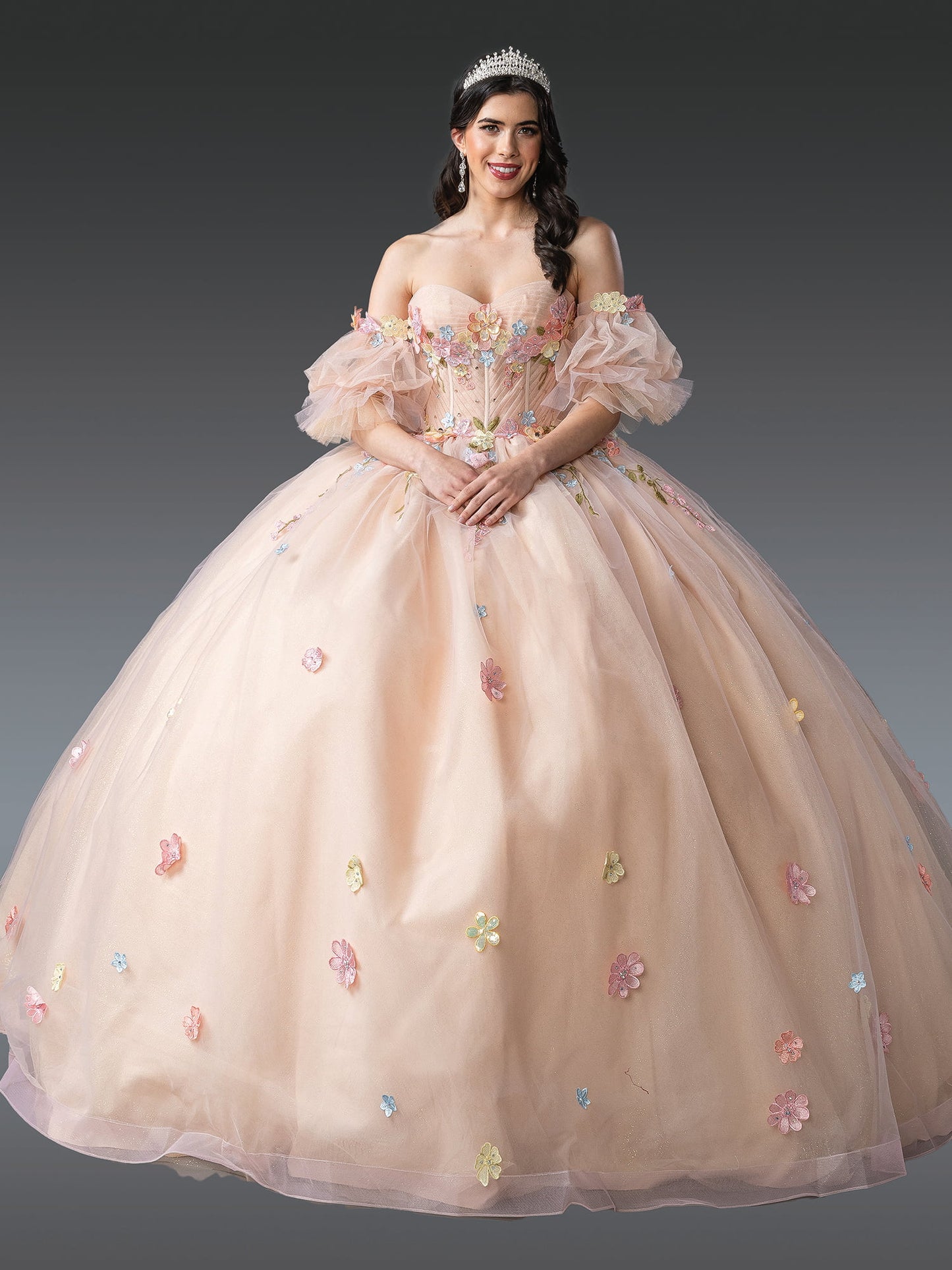 DQ25-1946 OFF-SHOULDER BALL GOWN QUINCEANERA DRESS WITH FLORAL APPLIQUES AND SHEER PUFFED SLEEVES