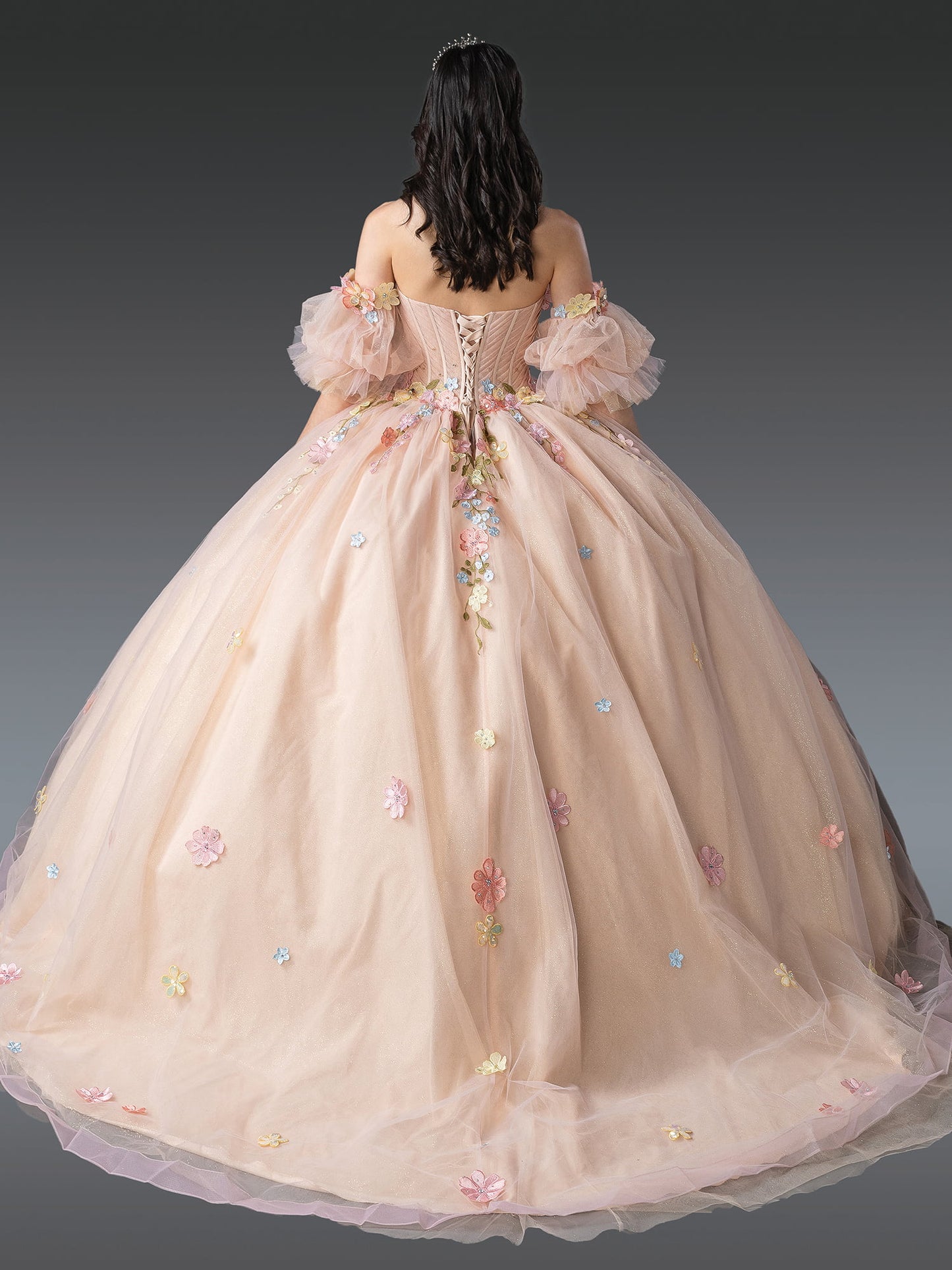 DQ25-1946 OFF-SHOULDER BALL GOWN QUINCEANERA DRESS WITH FLORAL APPLIQUES AND SHEER PUFFED SLEEVES
