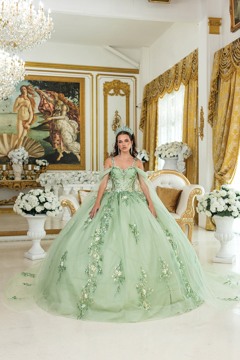 DQ25-1947 QUINCEANERA DRESS WITH SHEER PUFFED SLEEVES AND EMBELLISHED FLORAL APPLIQUES