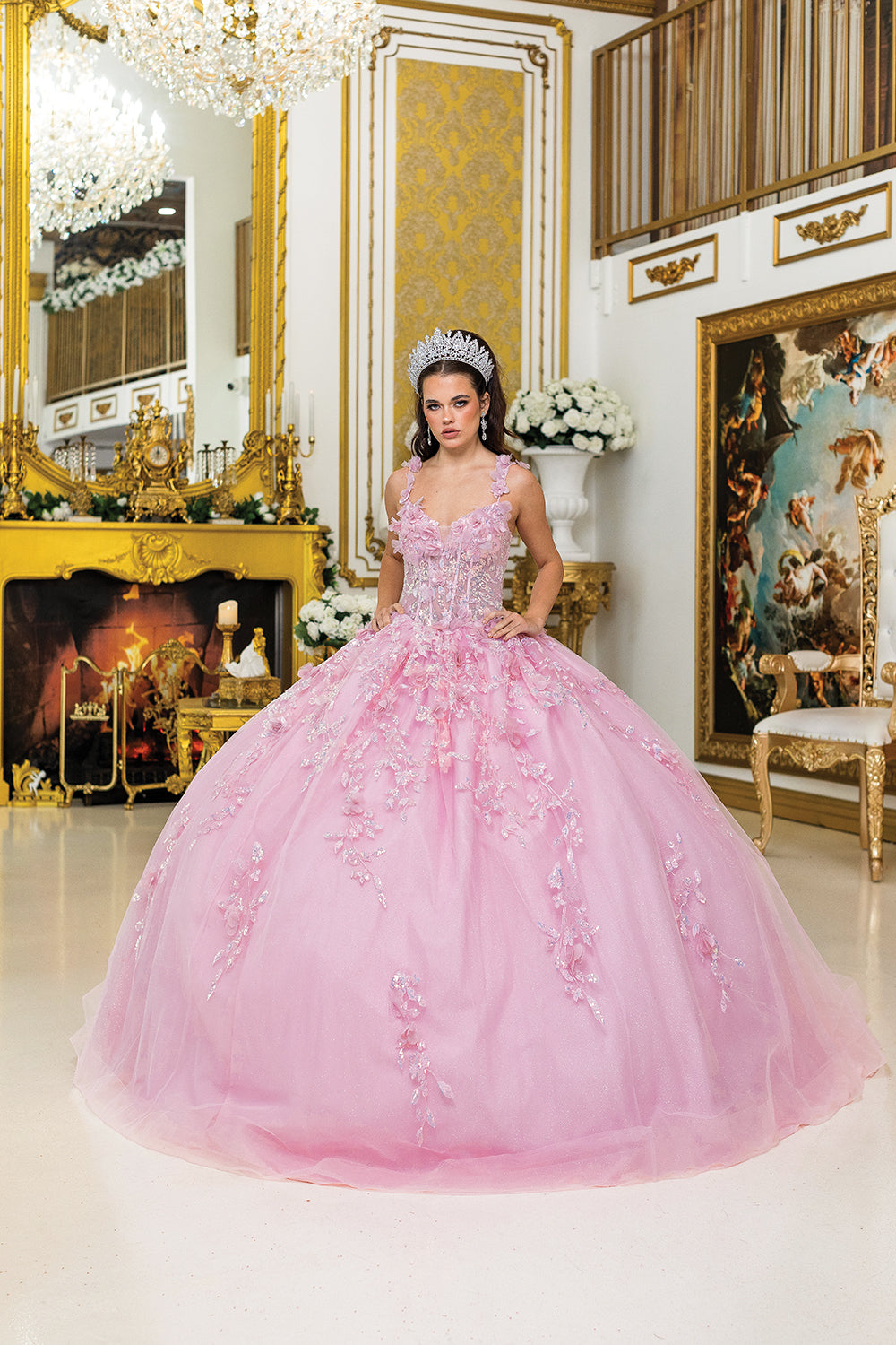 DQ25-1948 ELEGANT V-NECK BALL GOWN QUINCEANERA DRESS WITH EMBROIDERED FLORAL DETAILS