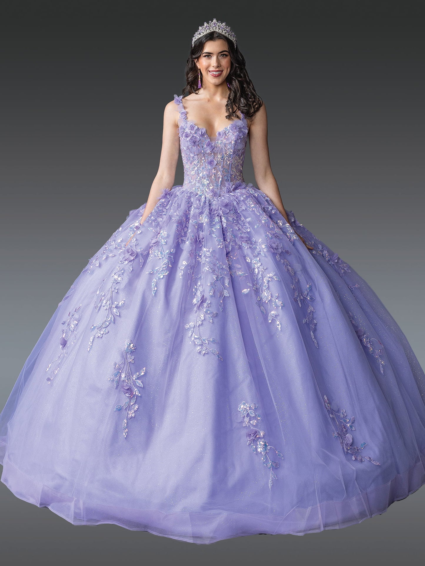 DQ25-1948 ELEGANT V-NECK BALL GOWN QUINCEANERA DRESS WITH EMBROIDERED FLORAL DETAILS