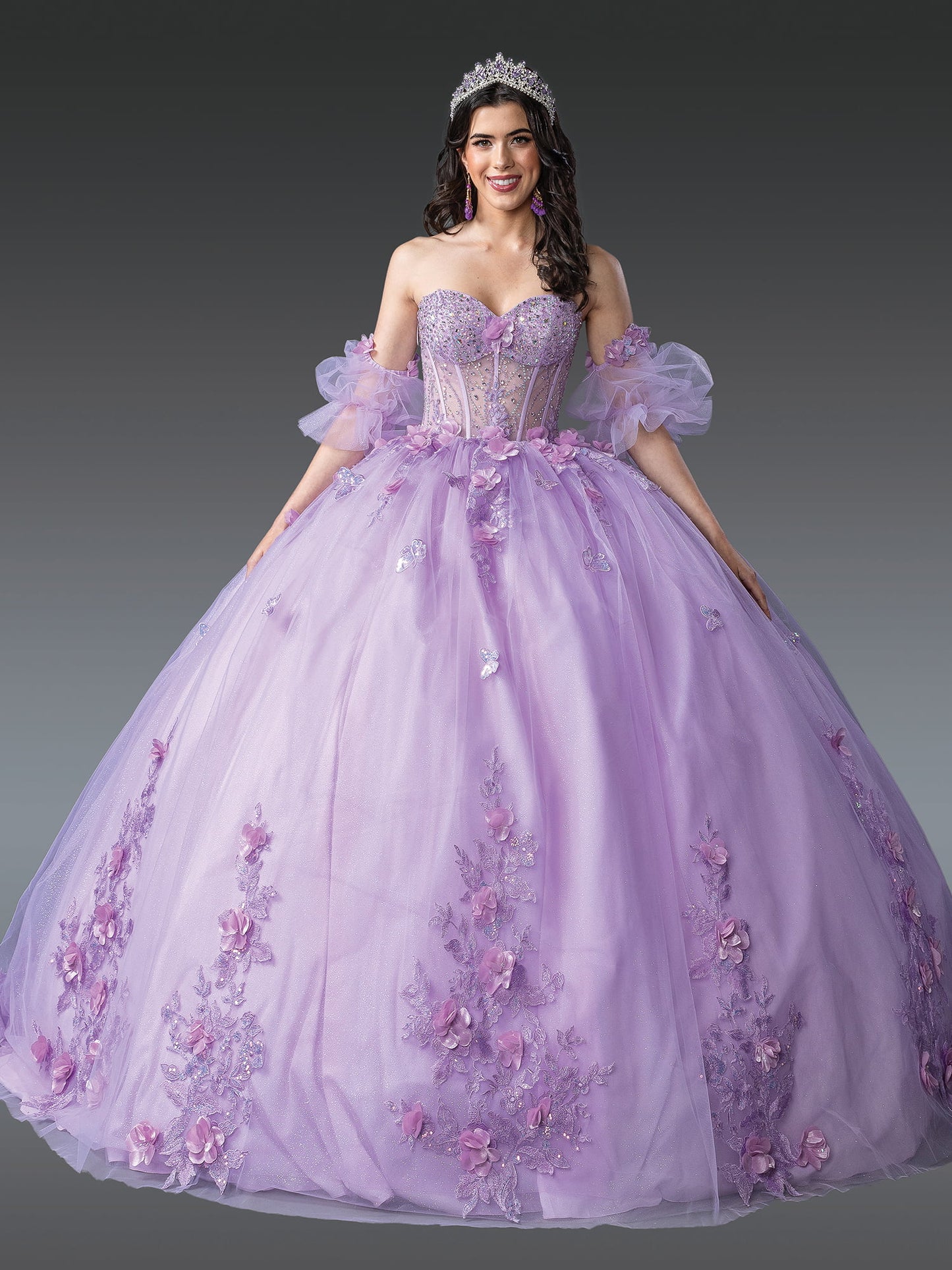 DQ25-1949 SWEETHEART NECKLINE BALL GOWN QUINCEANERA DRESS WITH FLORAL EMBROIDERY AND SHEER PUFF SLEEVES