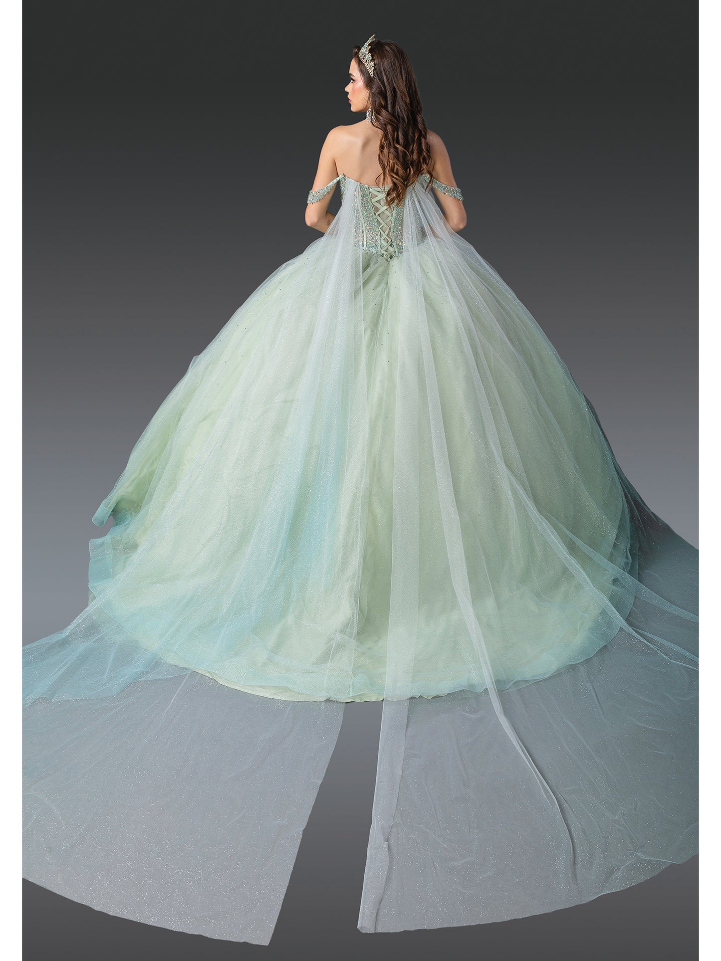 DQ25-1950 OFF-THE-SHOULDER QUINCEANERA DRESS WITH BEADED CORSET BODICE