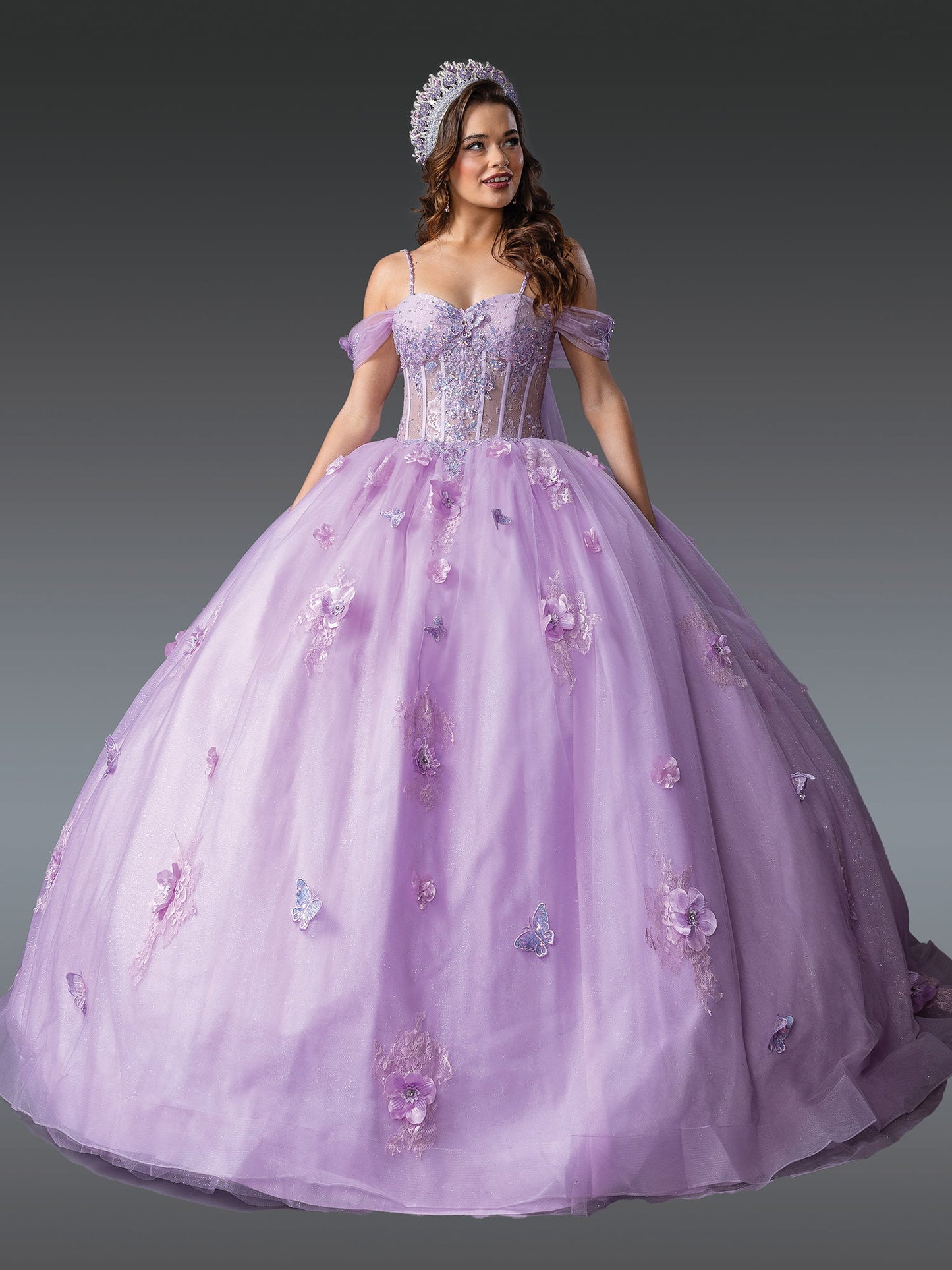 DQ25-1954 STRAPLESS QUINCEAÑERA GOWN WITH BEADED BODICE AND FLORAL APPLIQUE SKIRT