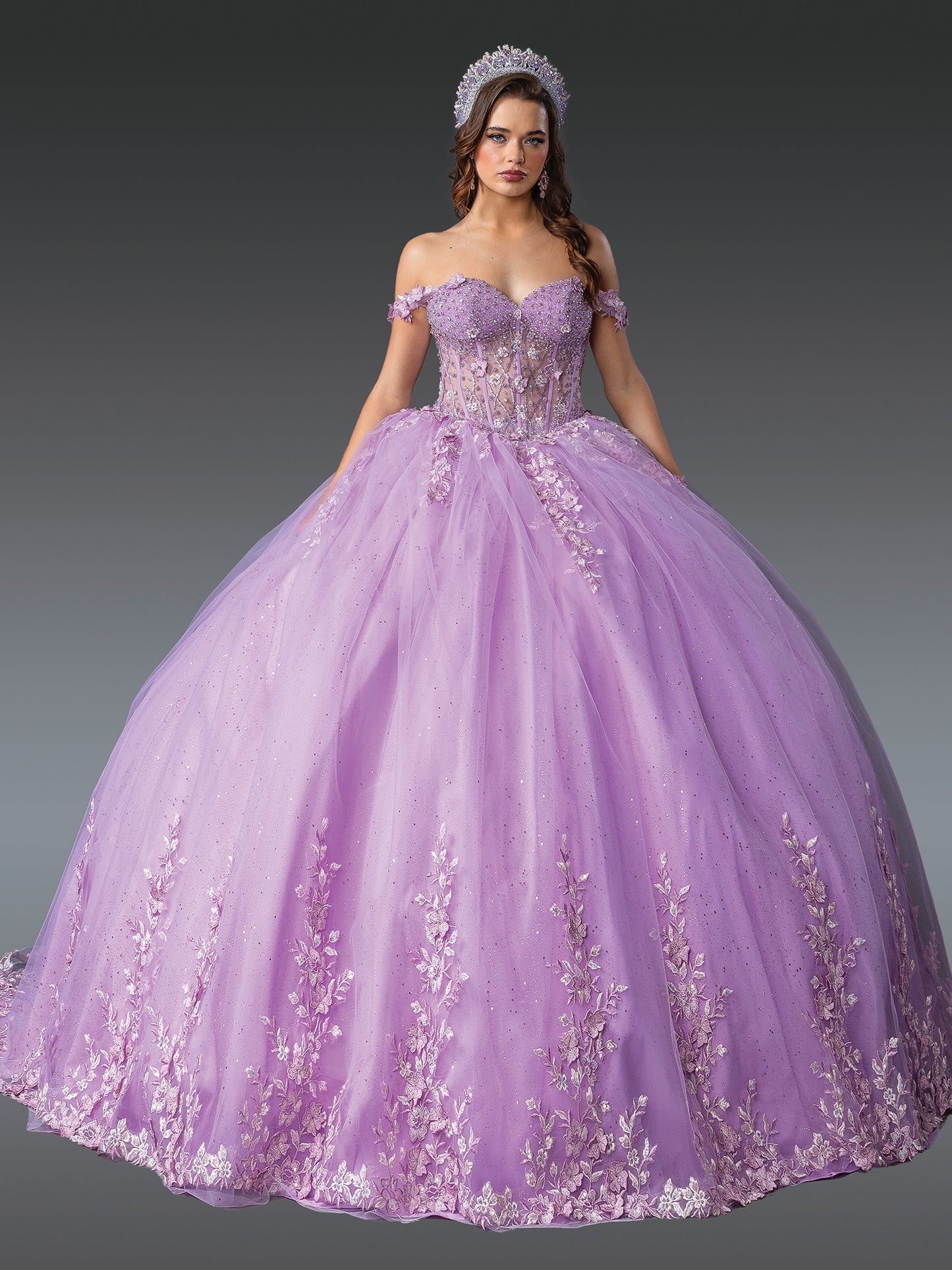 DQ25-1955 OFF-SHOULDER BALL GOWN QUINCEANERA DRESS WITH FLORAL APPLIQUES