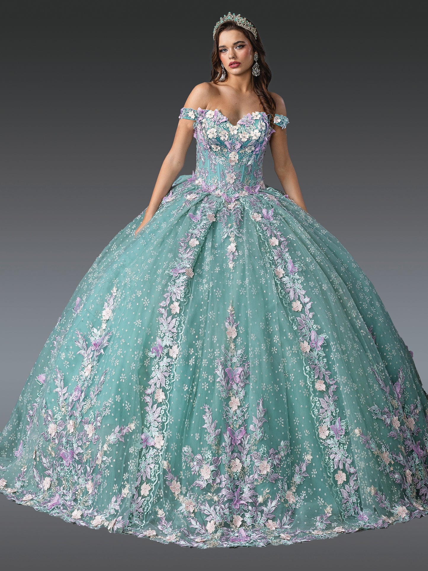 DQ25-1962 LAYERED RUFFLES, EMBROIDERED FLORAL ACCENTS, AND STRAPLESS BODICE