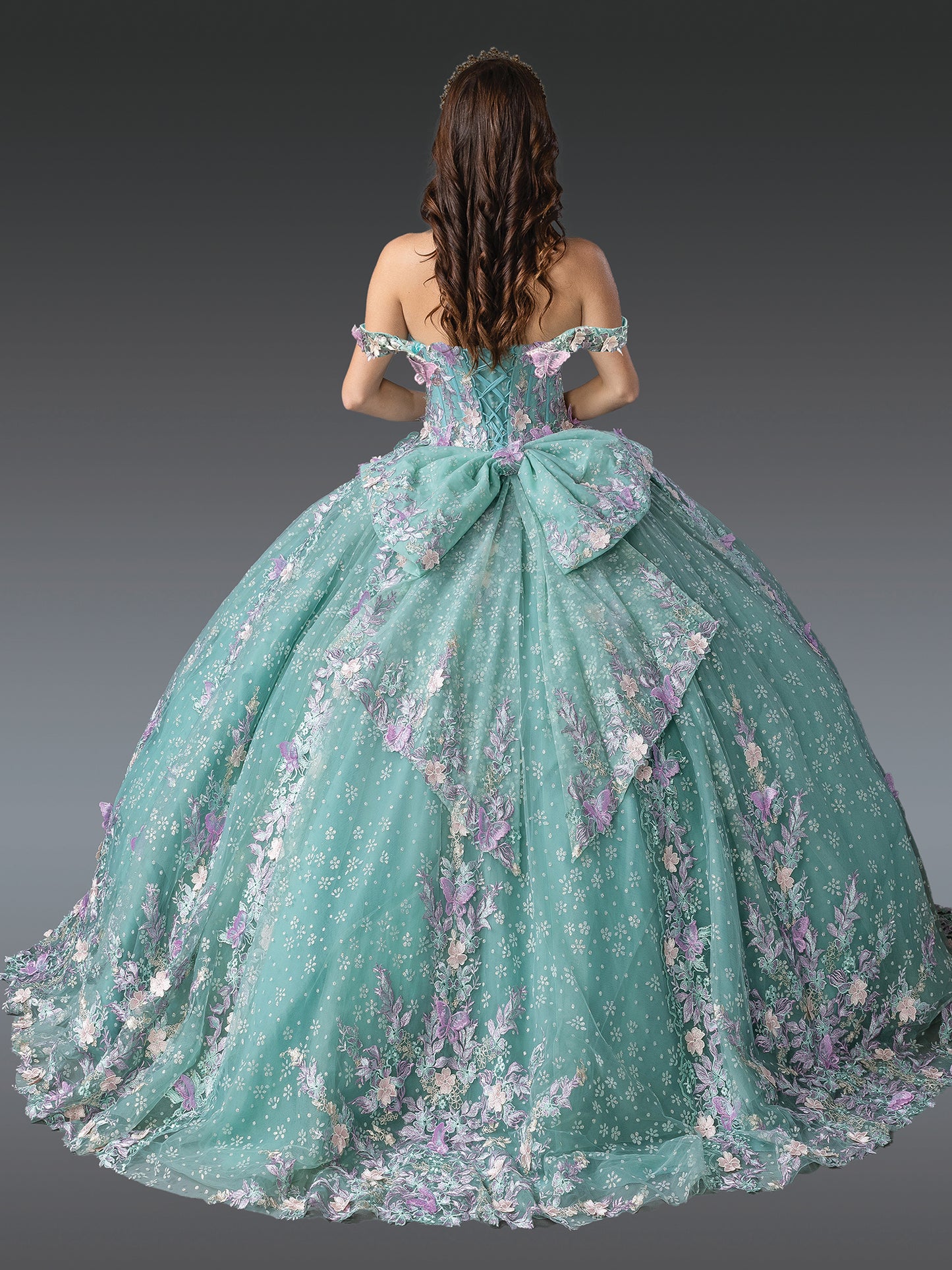DQ25-1962 LAYERED RUFFLES, EMBROIDERED FLORAL ACCENTS, AND STRAPLESS BODICE