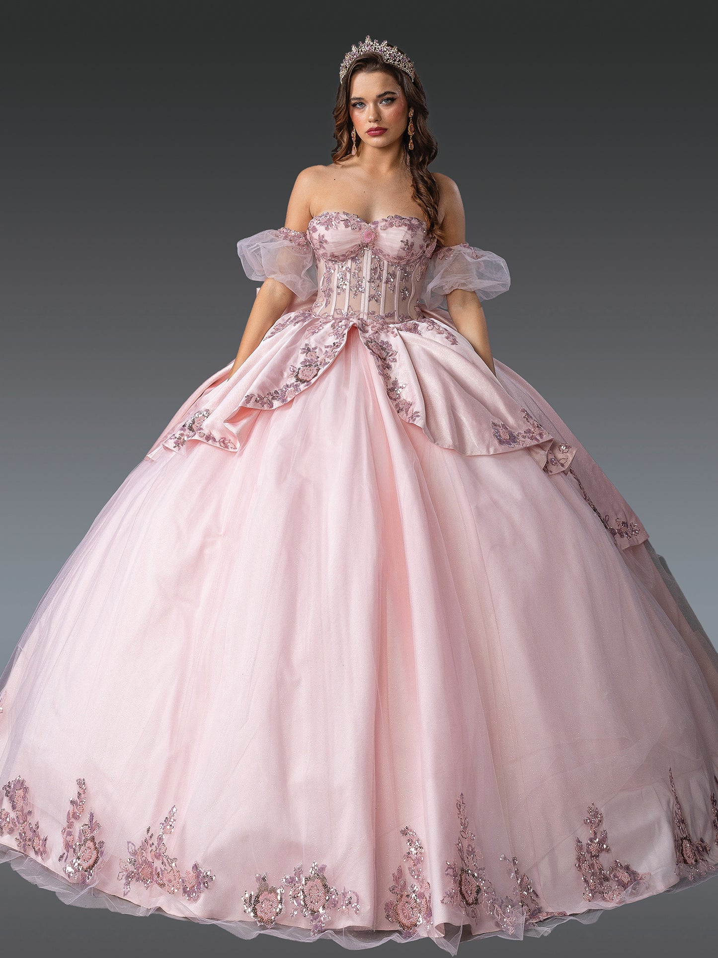DQ25-1963 STRAPLESS QUINCEANERA DRESS WITH BEADED FLORAL EMBELLISHMENTS