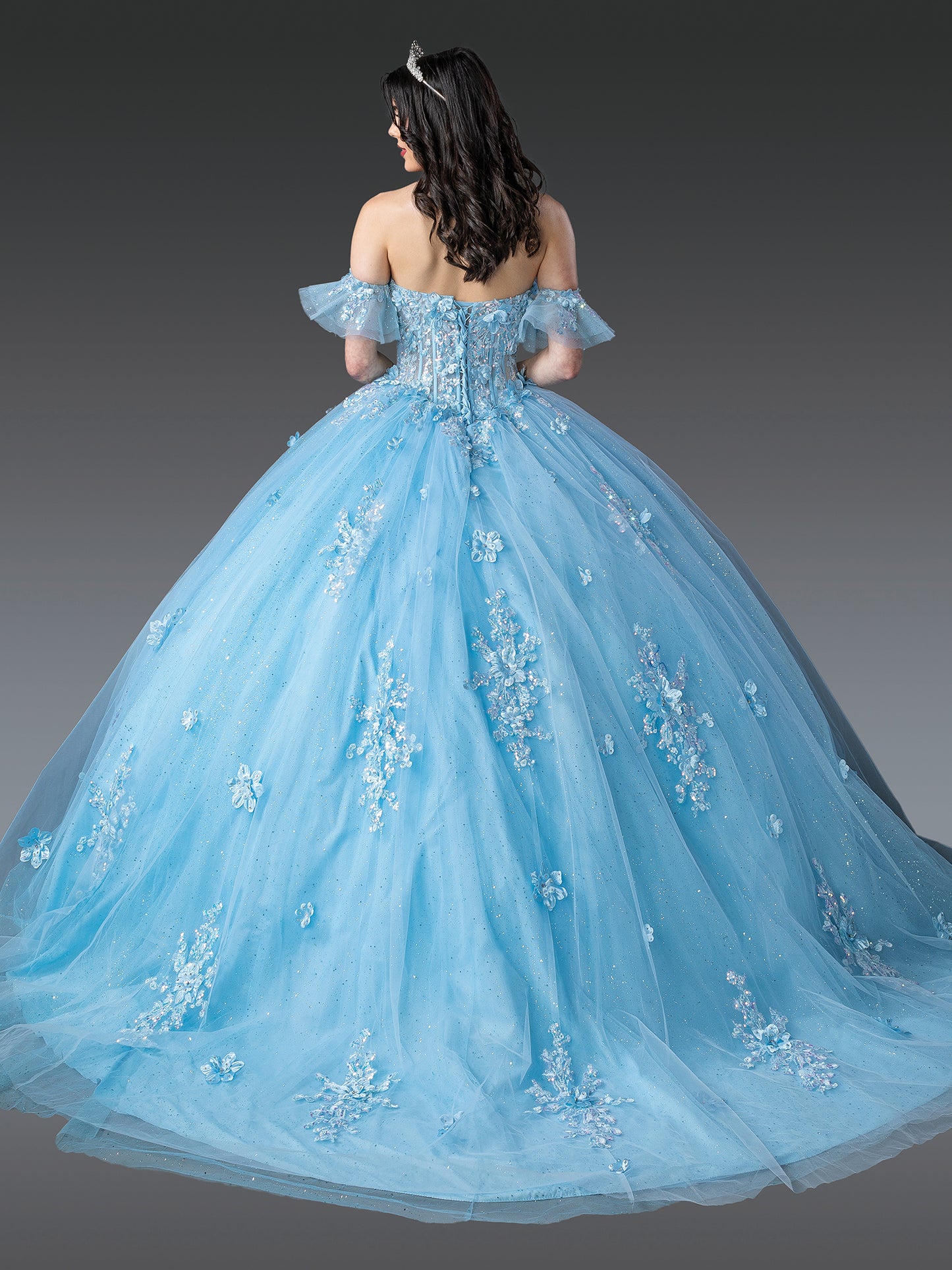 DQ25-1964 OFF-THE-SHOULDER QUINCEANERA DRESS WITH FLORAL APPLIQUES AND BEADED CORSET
