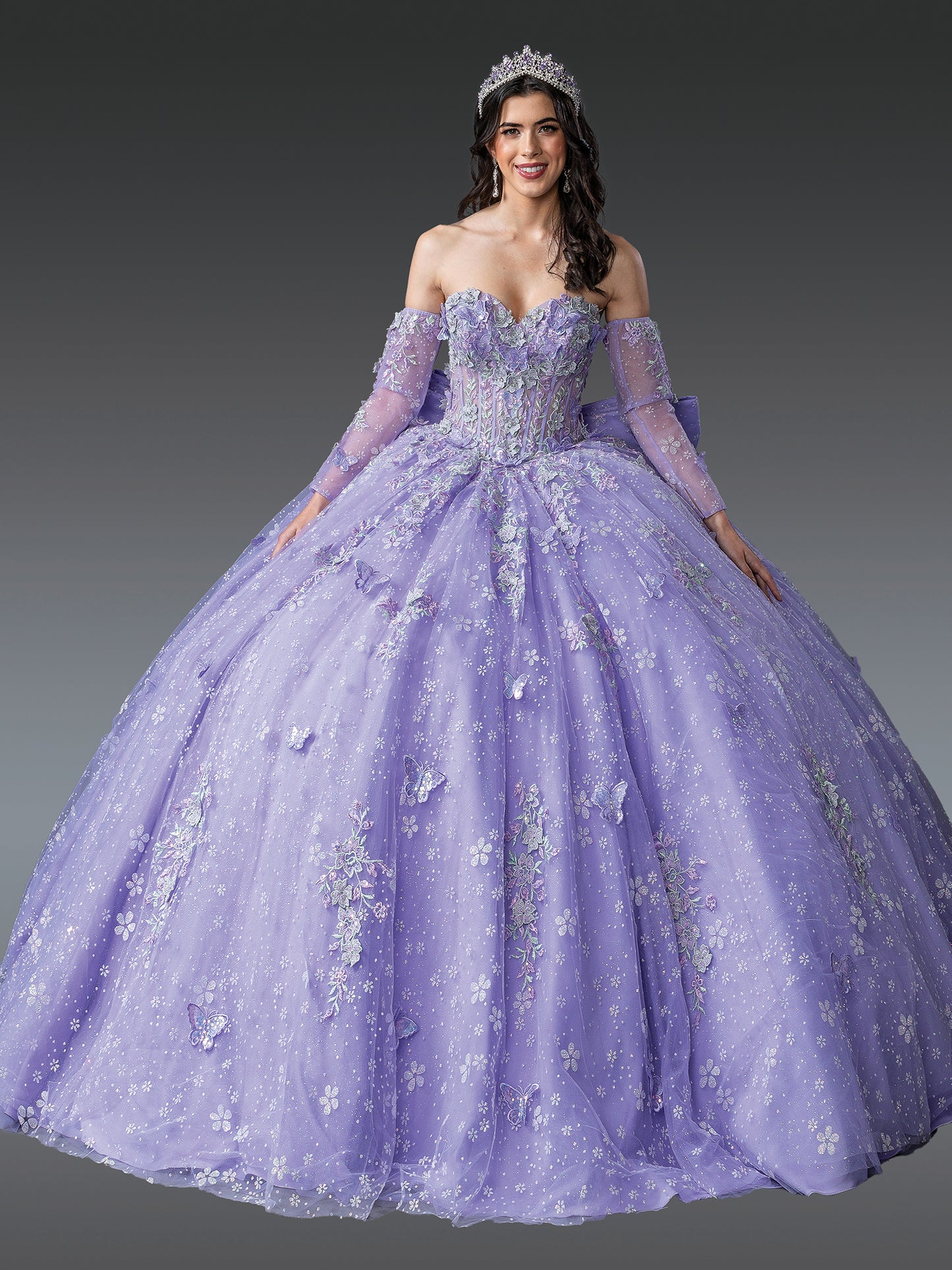 DQ25-1965 OFF-THE-SHOULDER QUINCEANERA DRESS WITH EMBROIDERED FLORAL DETAILS