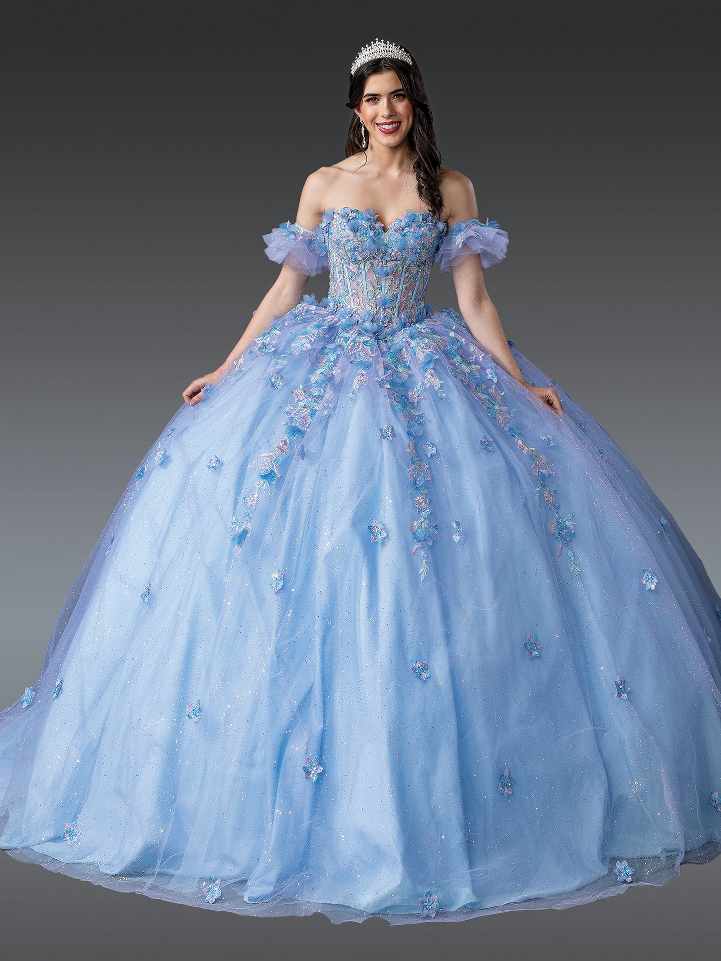 DQ25-1969 OFF-THE-SHOULDER QUINCEANERA DRESS WITH FLORAL APPLIQUES AND BEADED BODICE