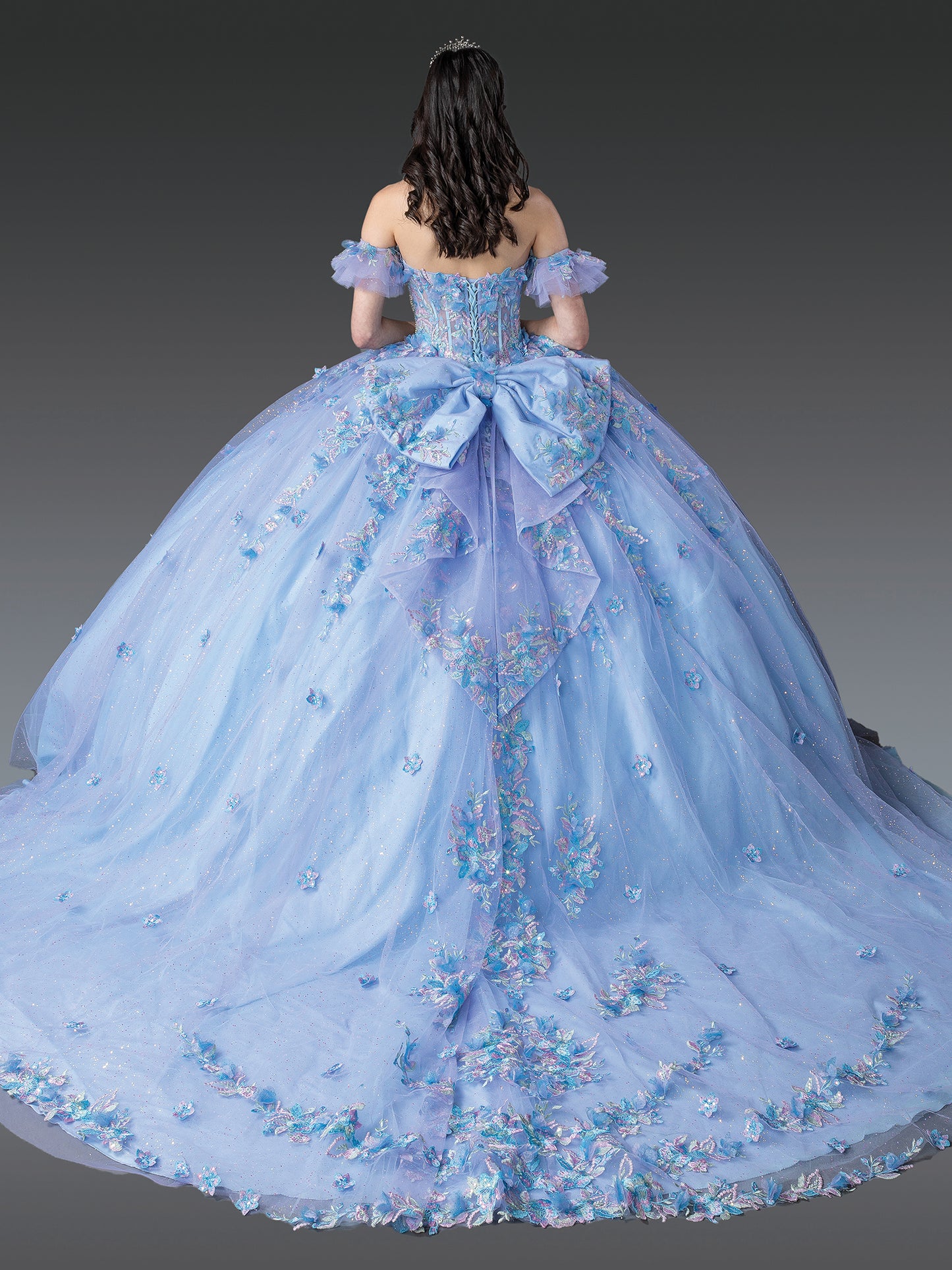 DQ25-1969 OFF-THE-SHOULDER QUINCEANERA DRESS WITH FLORAL APPLIQUES AND BEADED BODICE