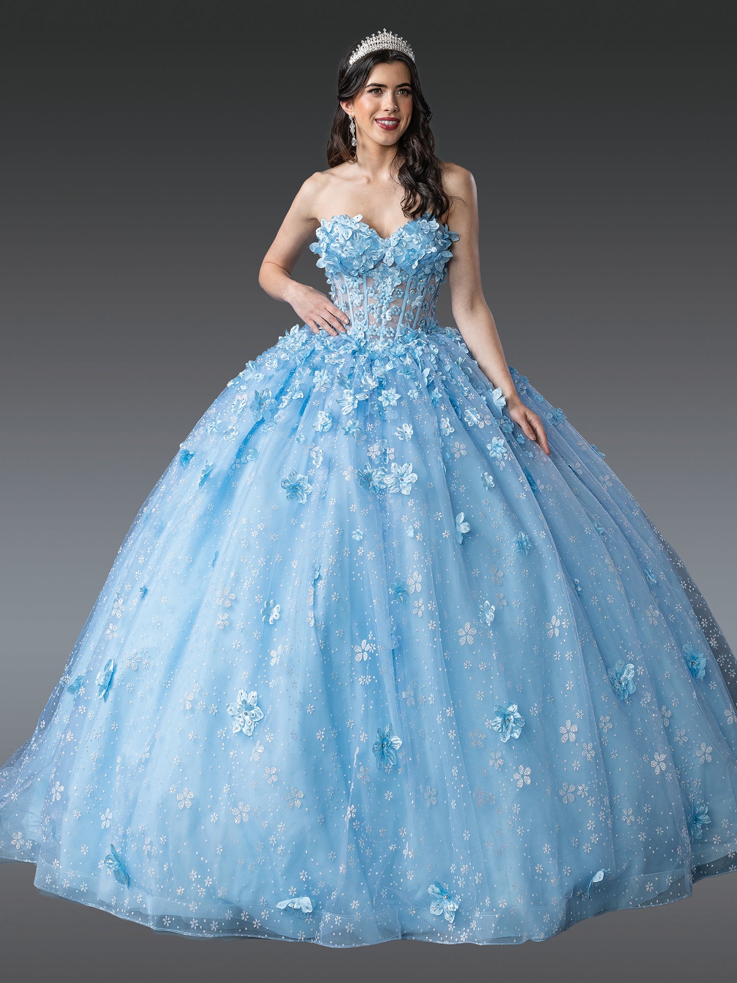 DQ25-1972 STRAPLESS QUINCEANERA DRESS WITH FLORAL EMBELLISHMENTS AND BEADED CORSET