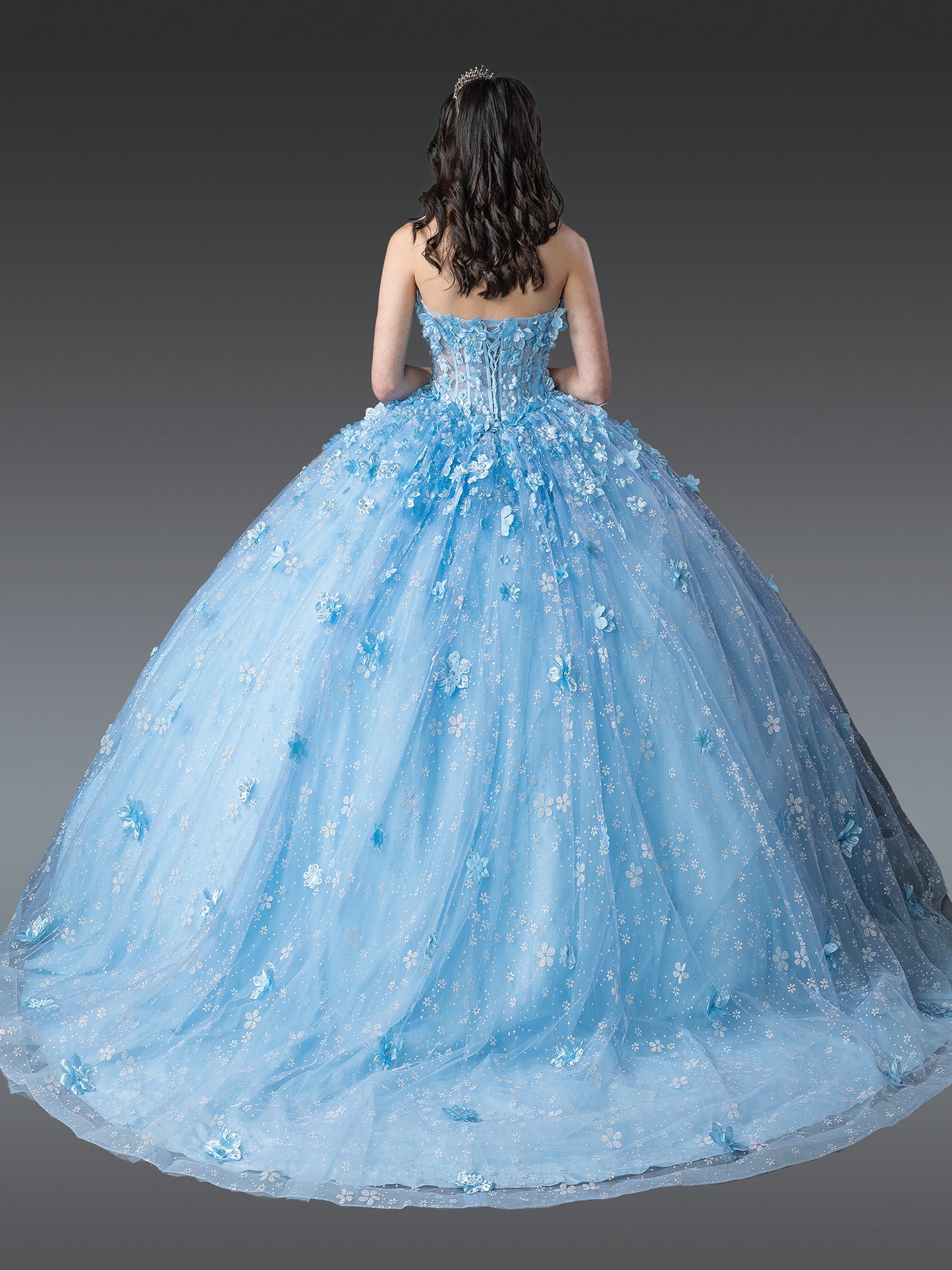 DQ25-1972 STRAPLESS QUINCEANERA DRESS WITH FLORAL EMBELLISHMENTS AND BEADED CORSET