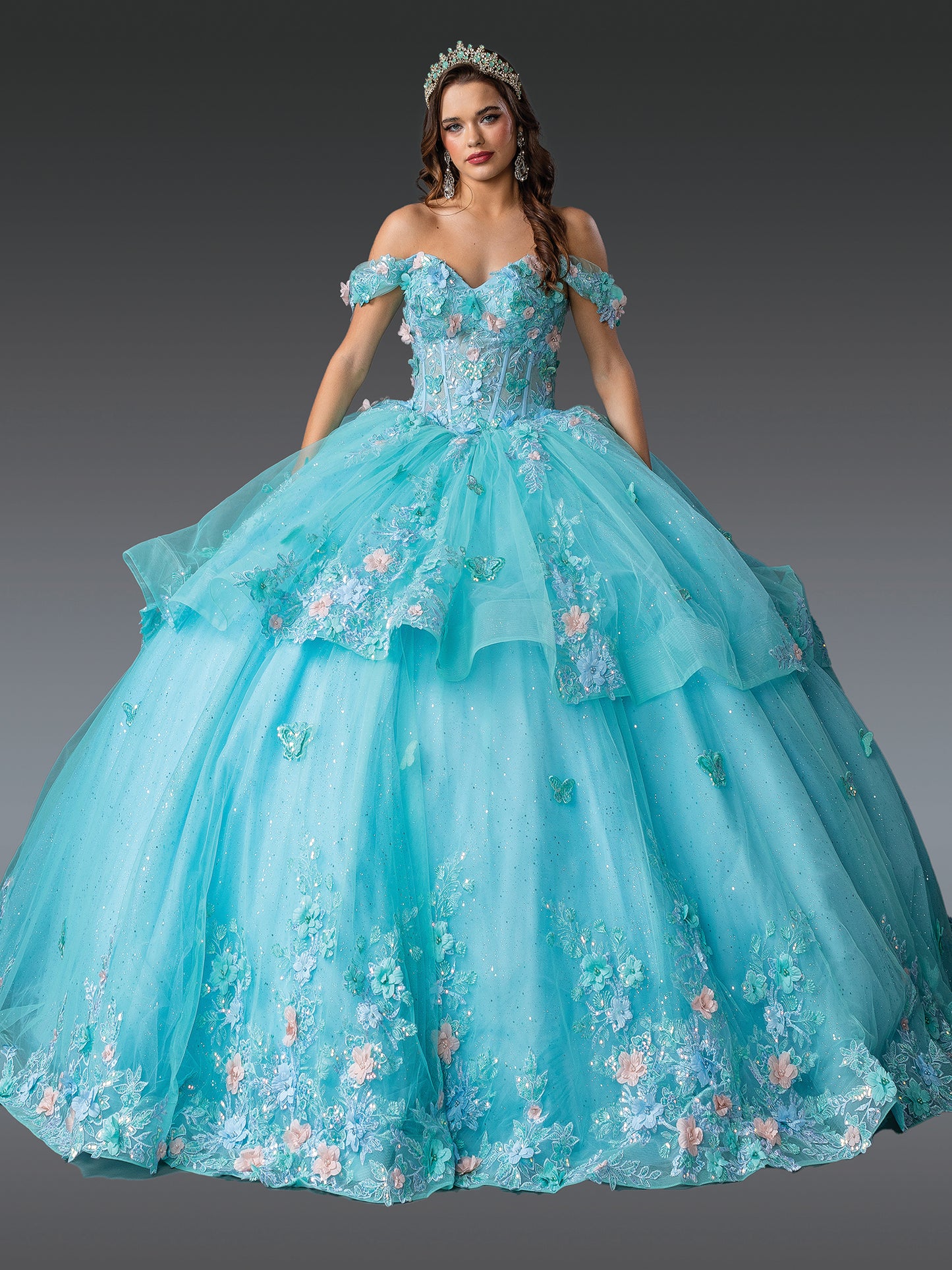 DQ25-1974 OFF-SHOULDER QUINCEANERA DRESS WITH LAYERED TULLE SKIRT AND FLORAL APPLIQUES