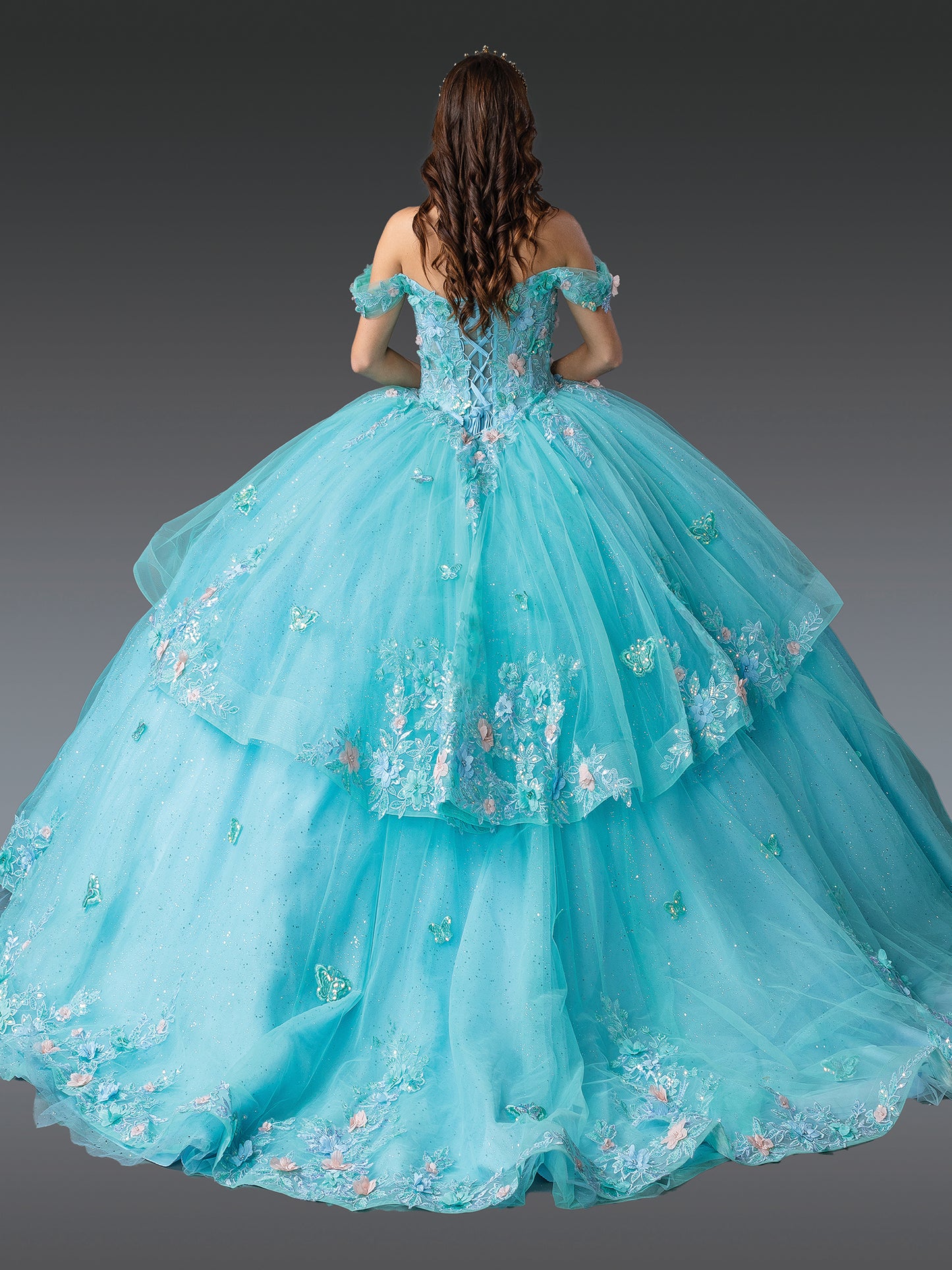 DQ25-1974 OFF-SHOULDER QUINCEANERA DRESS WITH LAYERED TULLE SKIRT AND FLORAL APPLIQUES