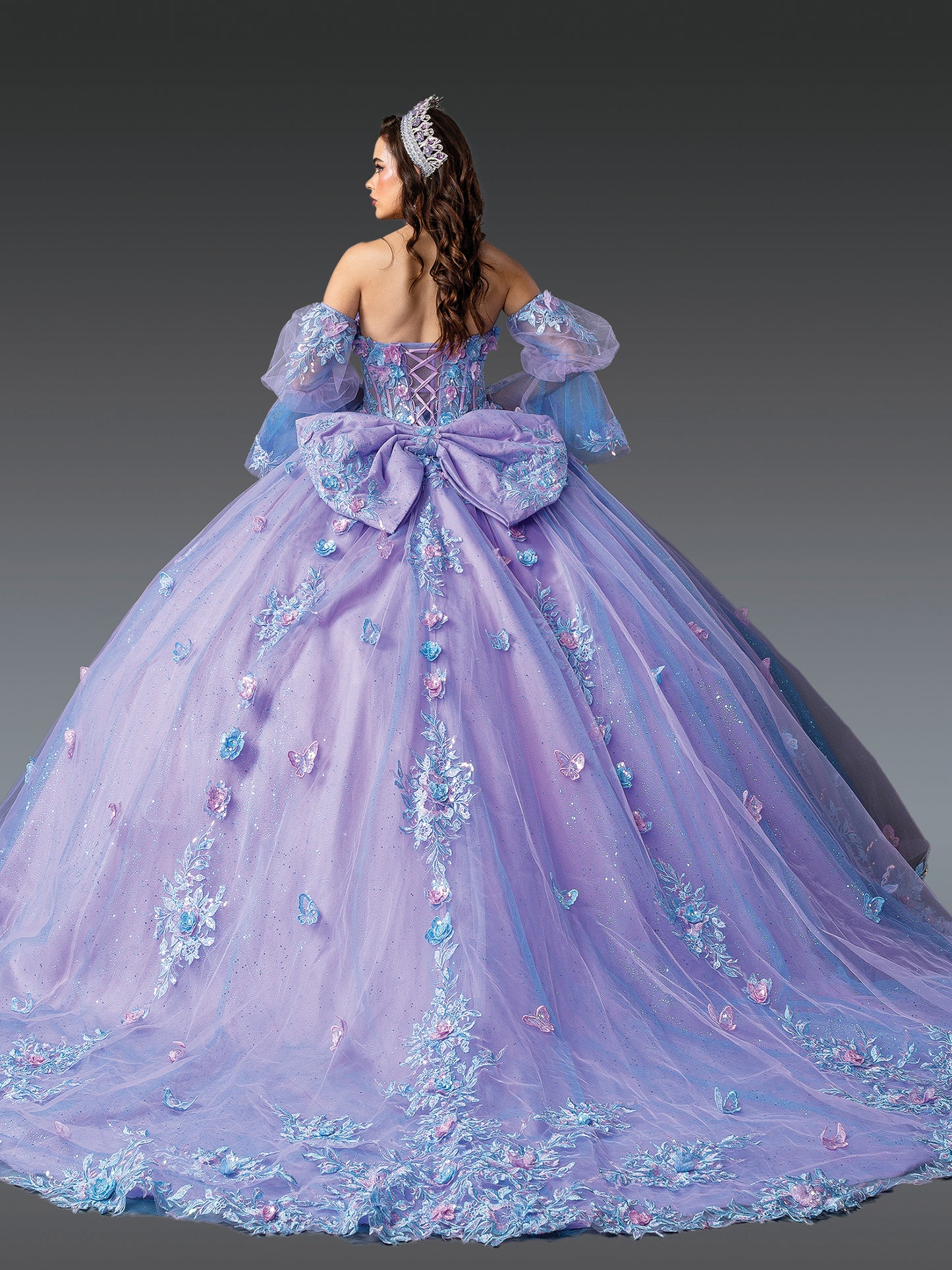 DQ25-1975 ENCHANTING OFF-THE-SHOULDER QUINCEANERA GOWN WITH FLORAL APPLIQUES AND BEADED CORSET