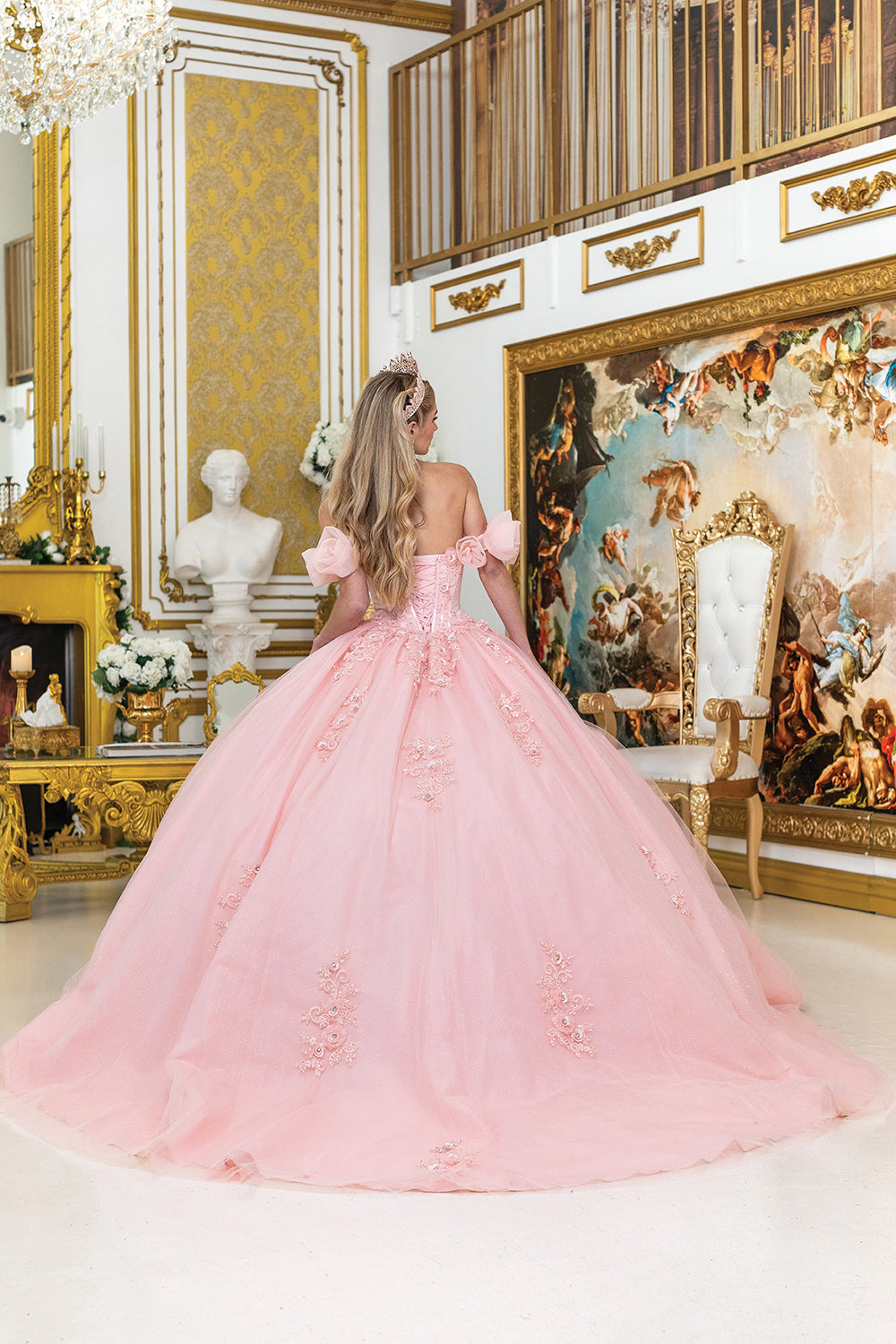 DQ25-1976 OFF-SHOULDER QUINCEANERA DRESS WITH PUFFY SLEEVES AND FLORAL EMBROIDERY